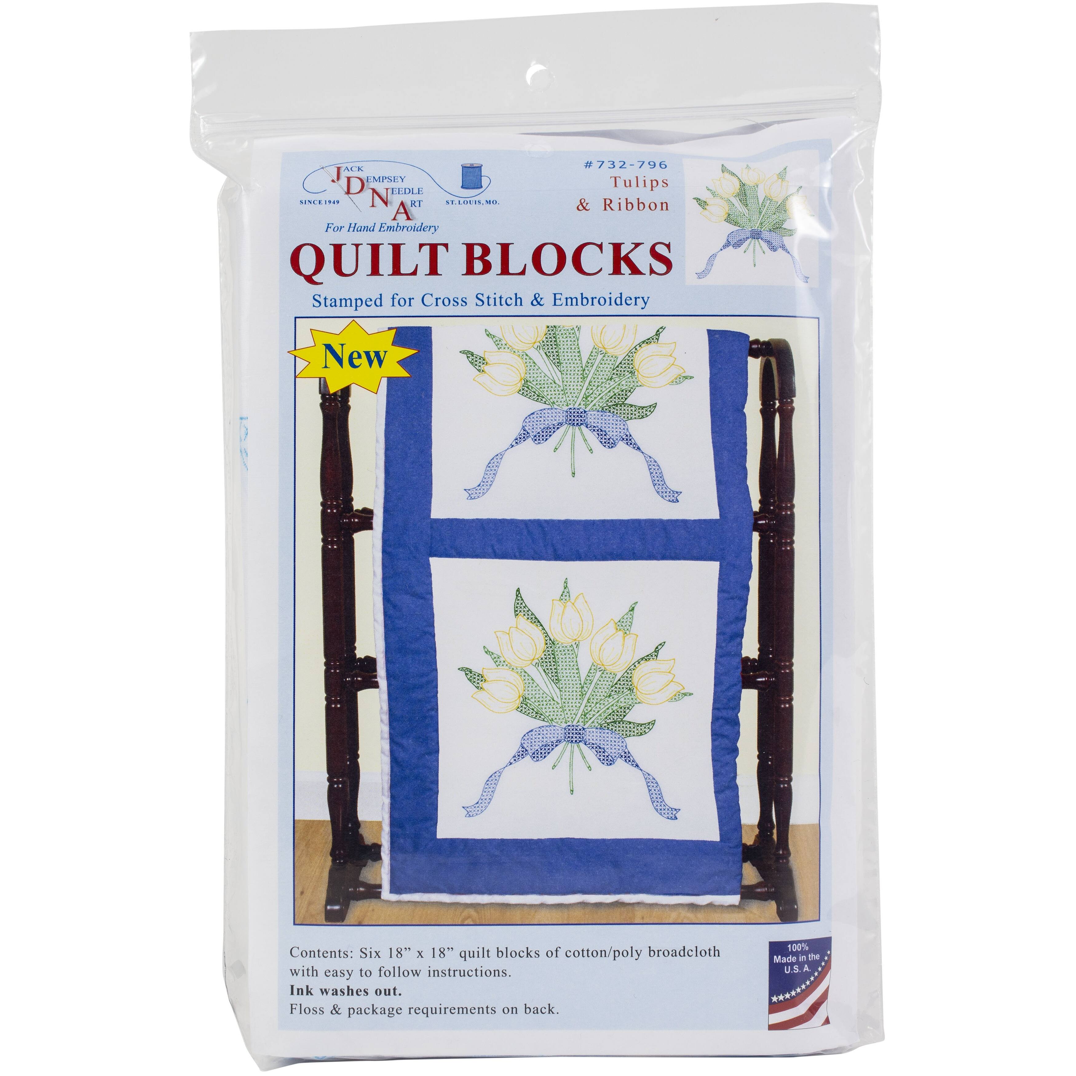 Jack　Ribbon　Tulips　Stamped　Dempsey　White　6ct.　Quilt　Blocks,　Michaels