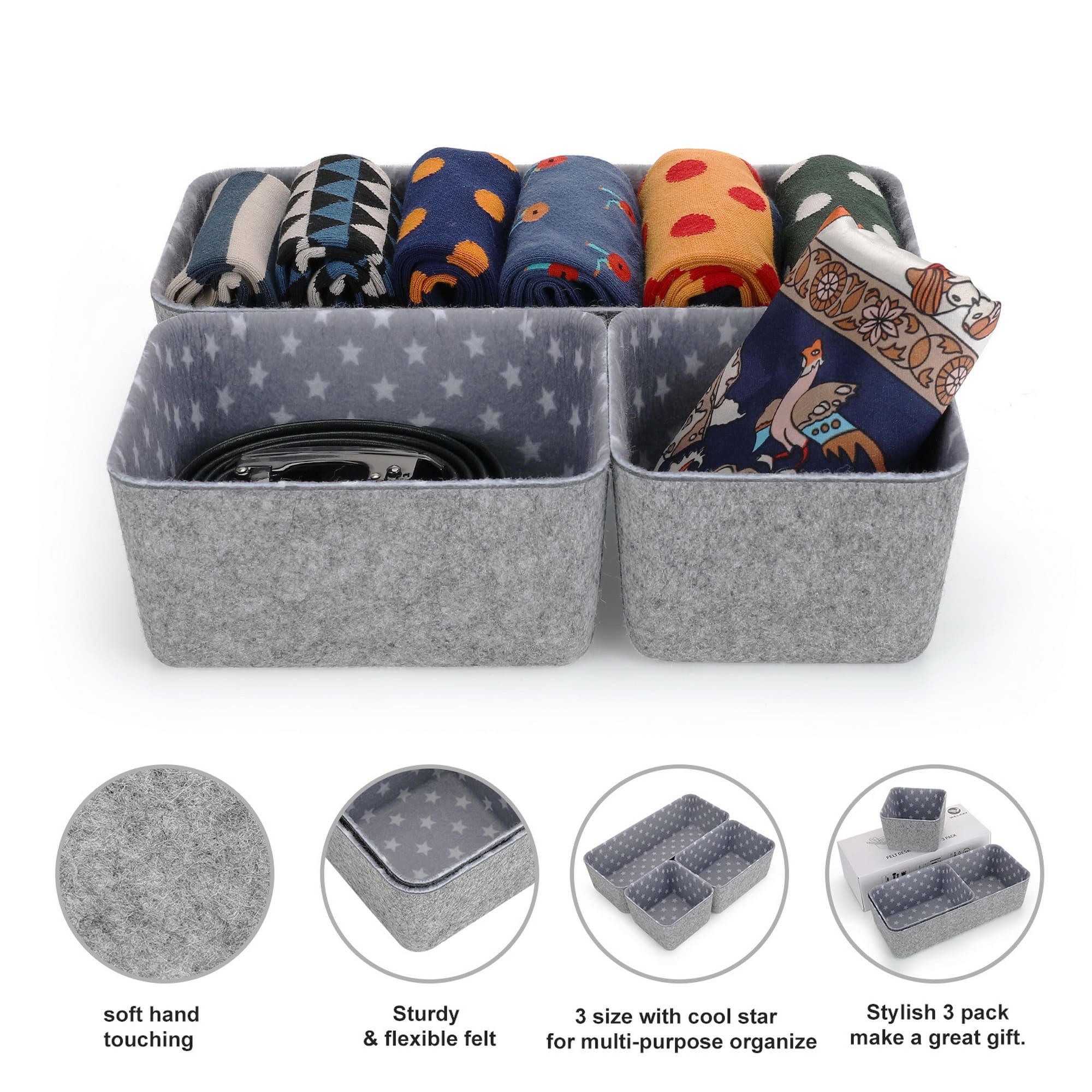 Welaxy Felt 3 Piece Stars Storage Bin Set