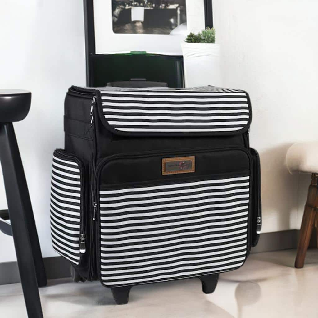 Everything Mary Black &#x26; White Stripe Rolling Scrapbook Storage Tote