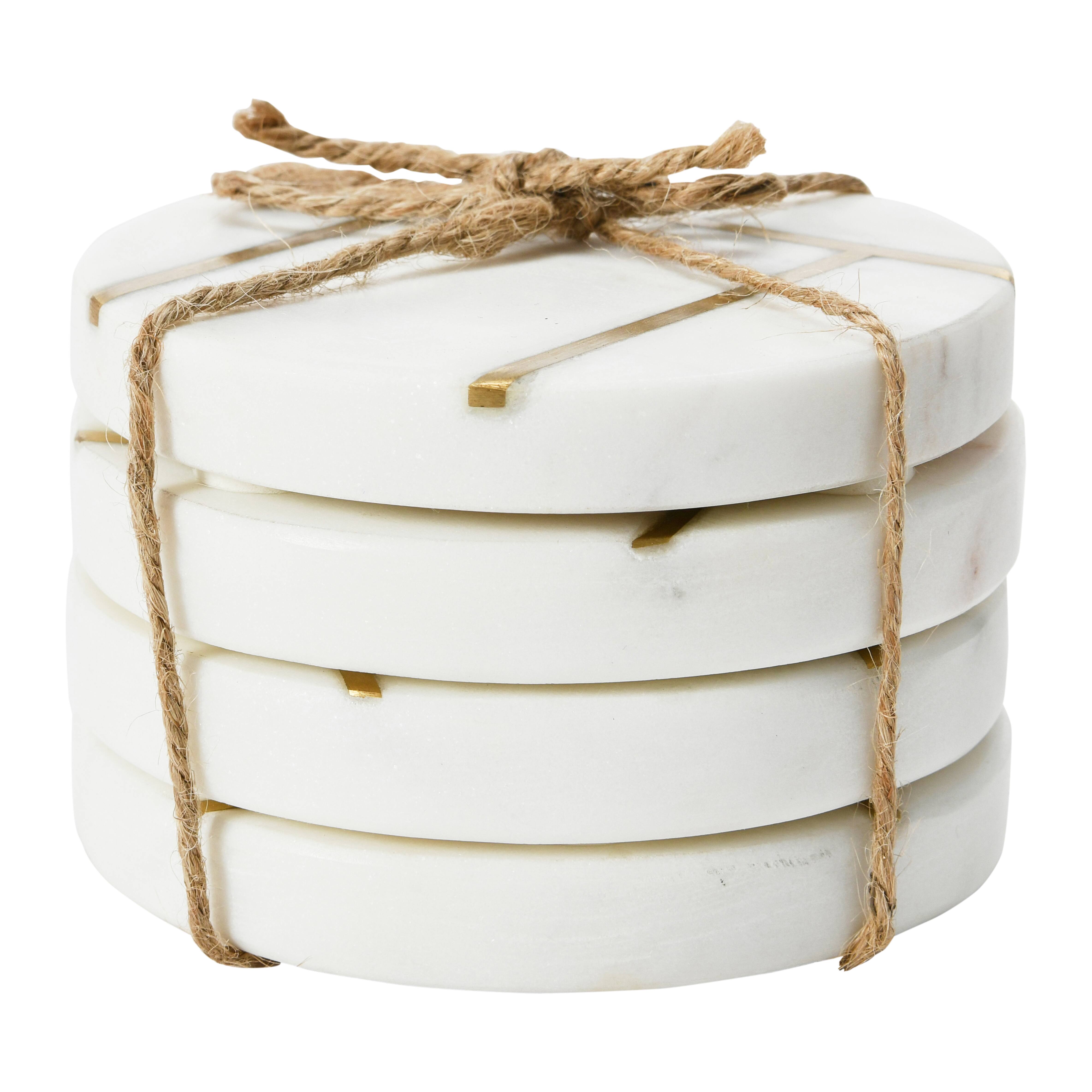 Hello Honey&#xAE; White Round Marble Coaster Set with Brass Inlay