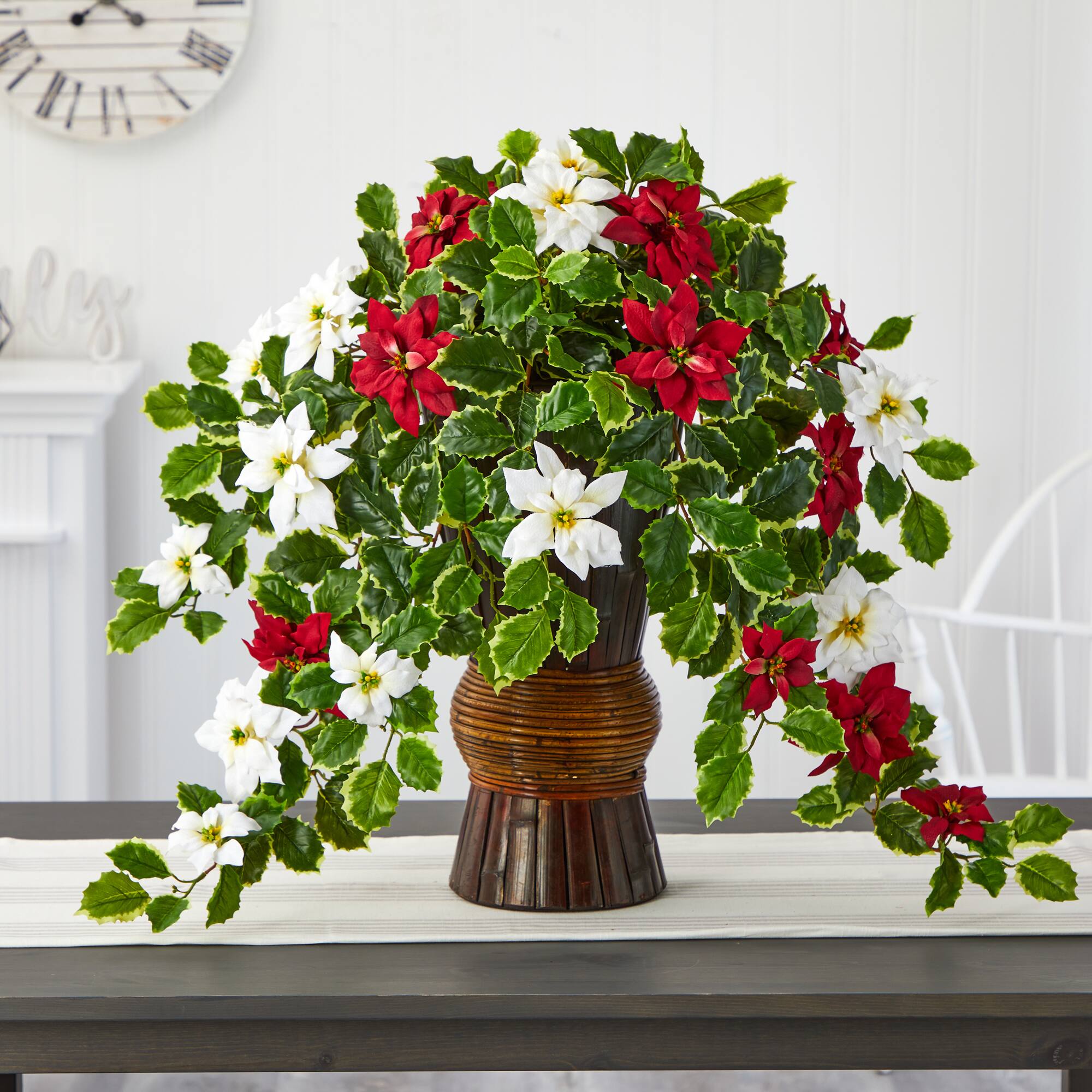 22.5” Poinsettia & Holly Artificial Plant in Decorative Planter