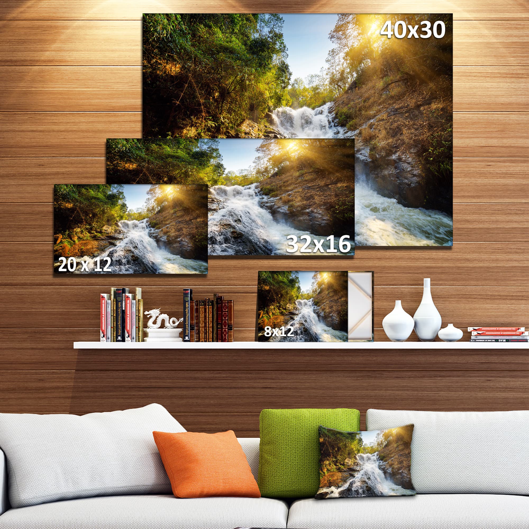 Designart - Waterfall through the Forest - Landscape Canvas Art Print