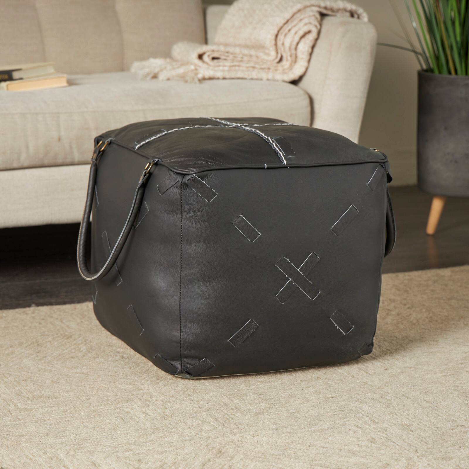 22&#x22; Leather Pouf with Woven Straps &#x26; Handles