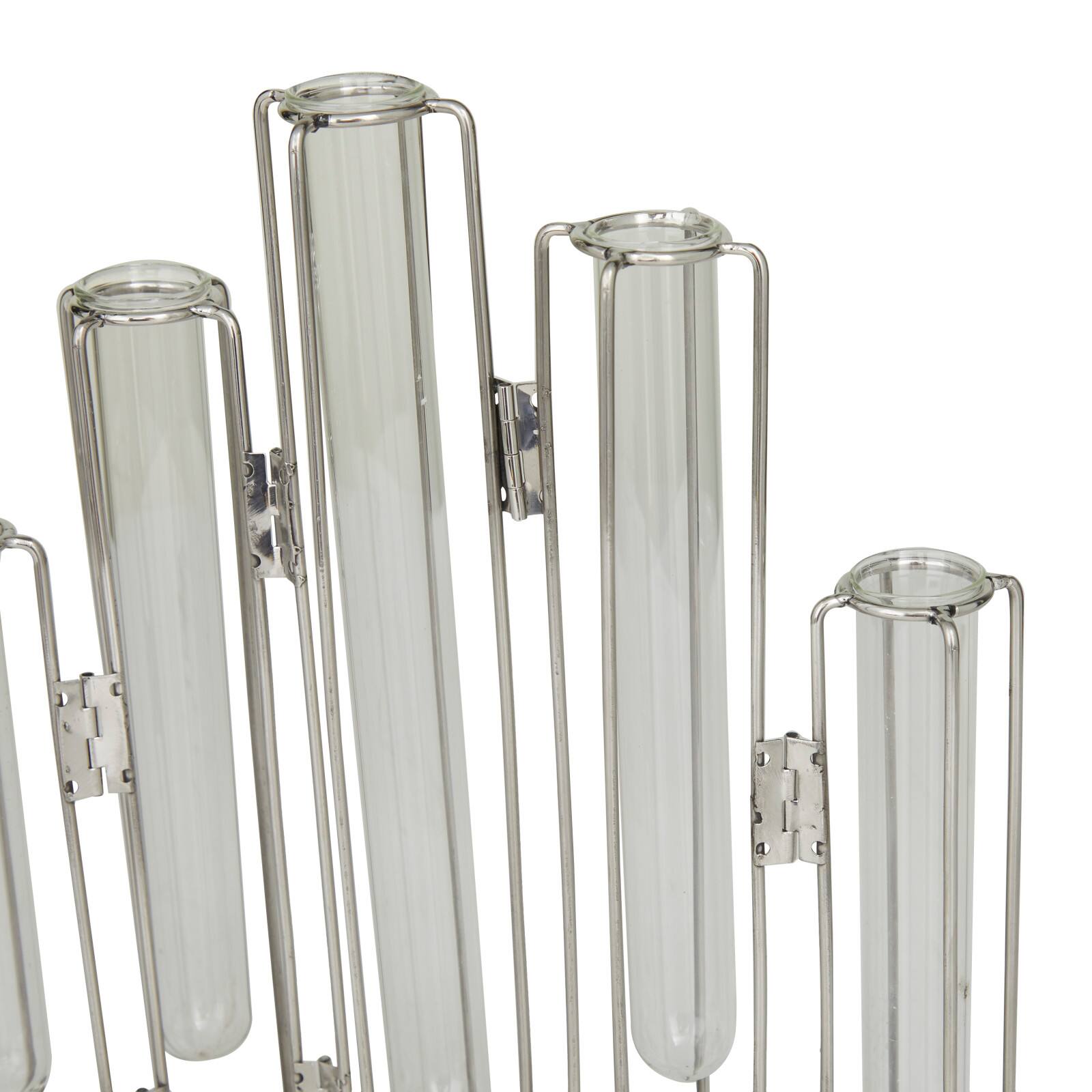 Silver Glass Tube Vase with Metal Stand 11" x 2" x 12"