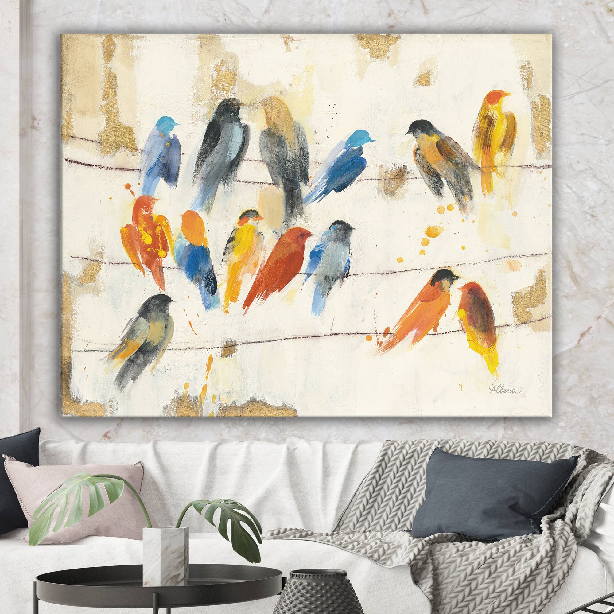 Designart - Multicolor Bird Meeting - Traditional Animal Premium Canvas Wall Art