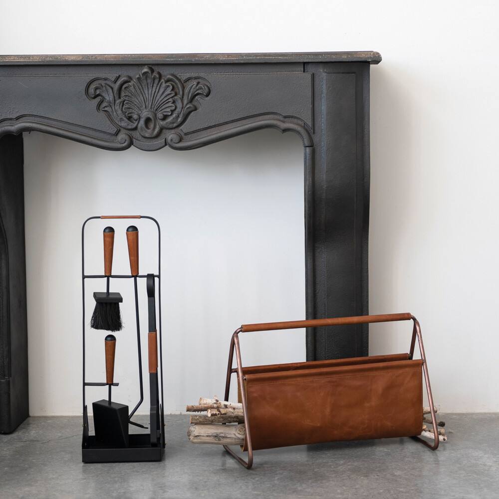 Hello Honey® 16" Mid Century Natural Buffalo Leather & Metal Log Holder