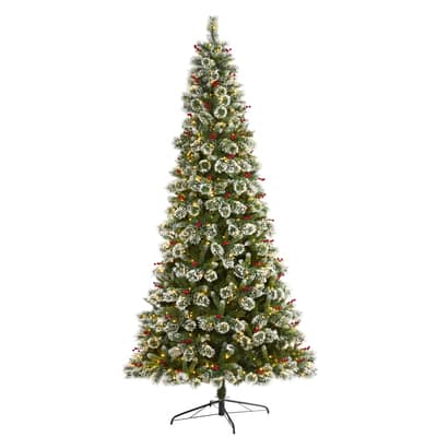 9ft. Pre-Lit Frosted Swiss Pine & Berries Artificial Christmas Tree ...