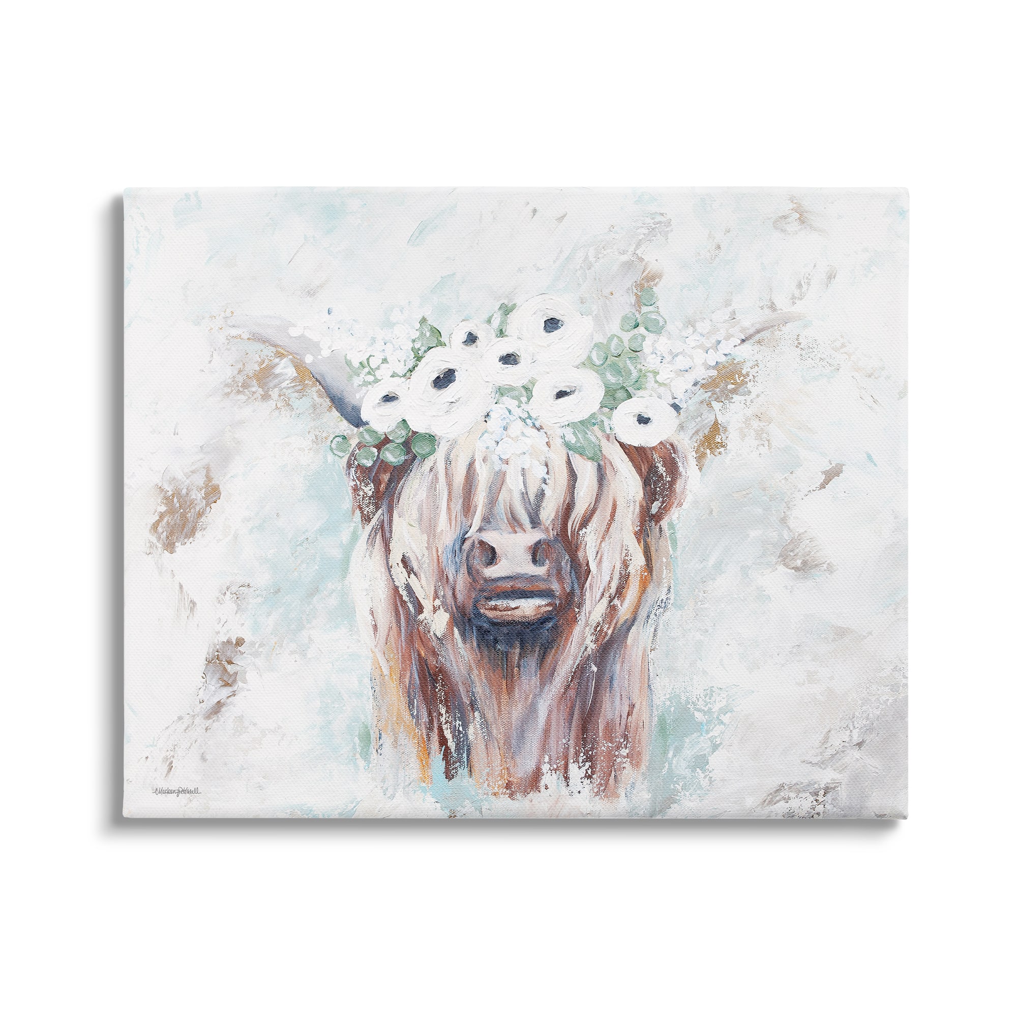 Stupell Industries Rustic Country Longhorn Cattle Flecked Flower Blossoms Canvas Wall Art