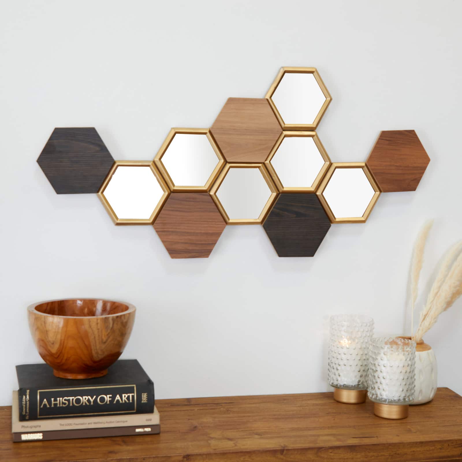 CosmoLiving by Cosmopolitan Brown Wood Honeycomb Geometric Wall Decor with Mirrors 40&#x22; x 1&#x22; x 19&#x22;