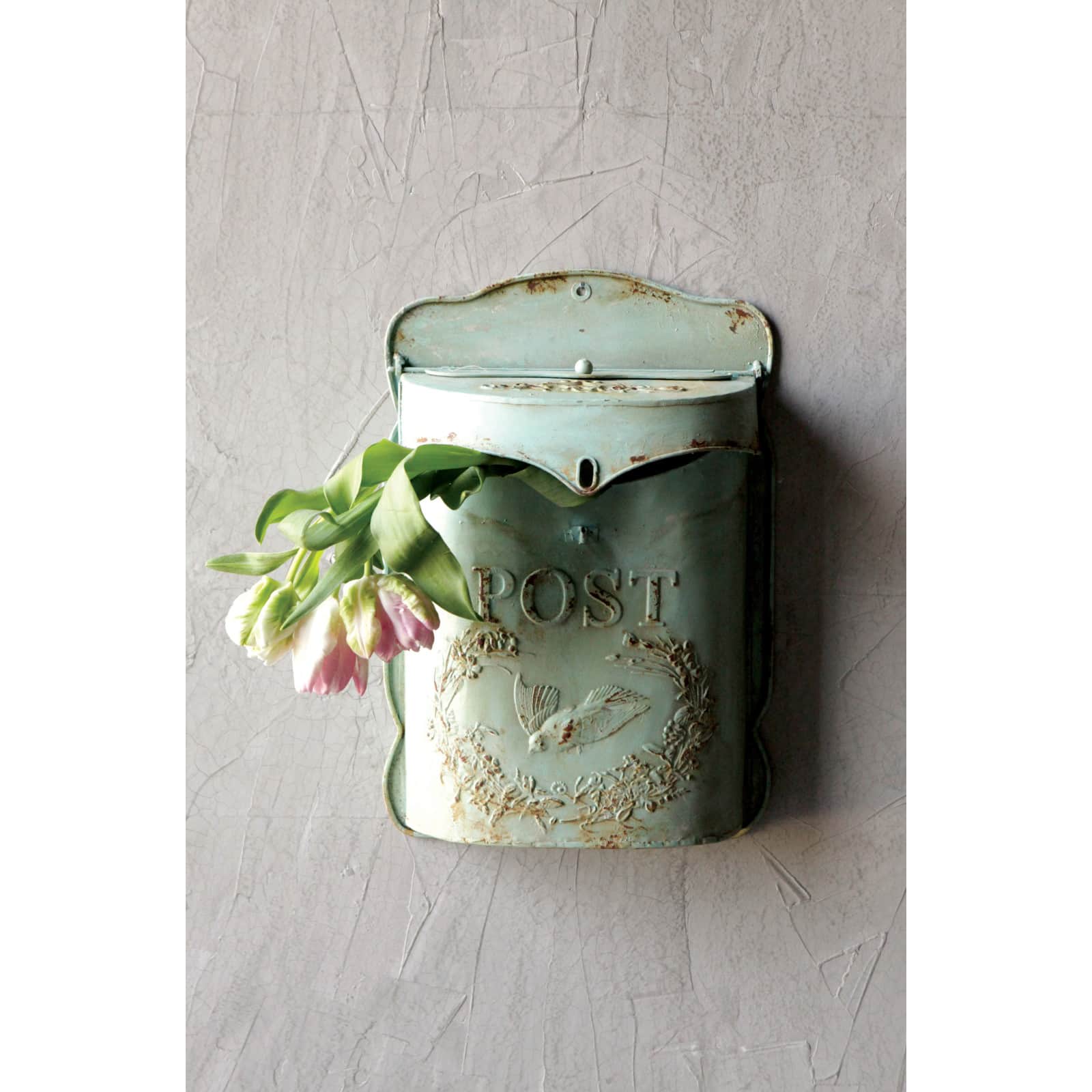 Hello Honey&#xAE; Aqua Embossed Tin Post Box with Distressed Finish Wall D&#xE9;cor