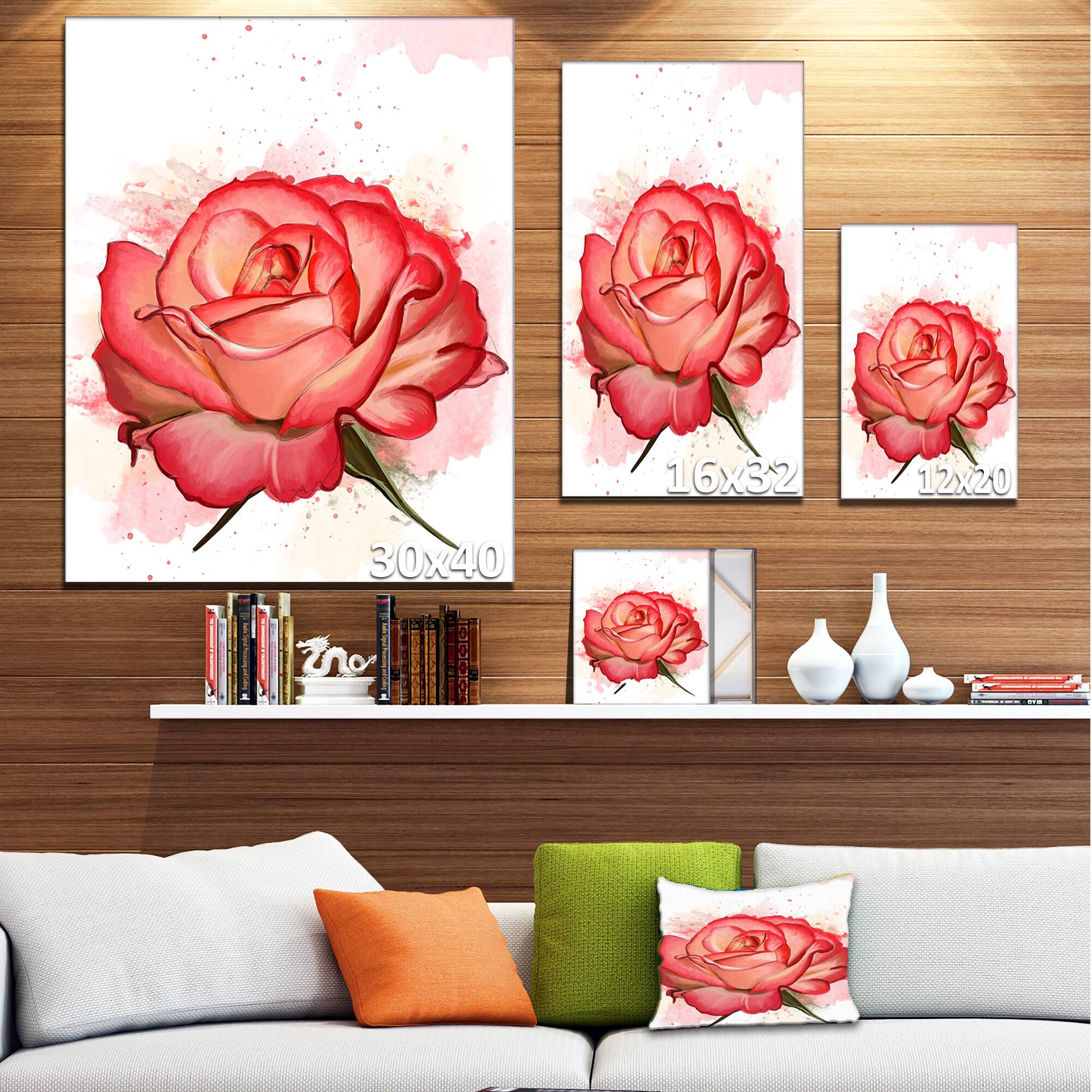 Designart - Red Rose with Splashes - Floral Canvas Art Print