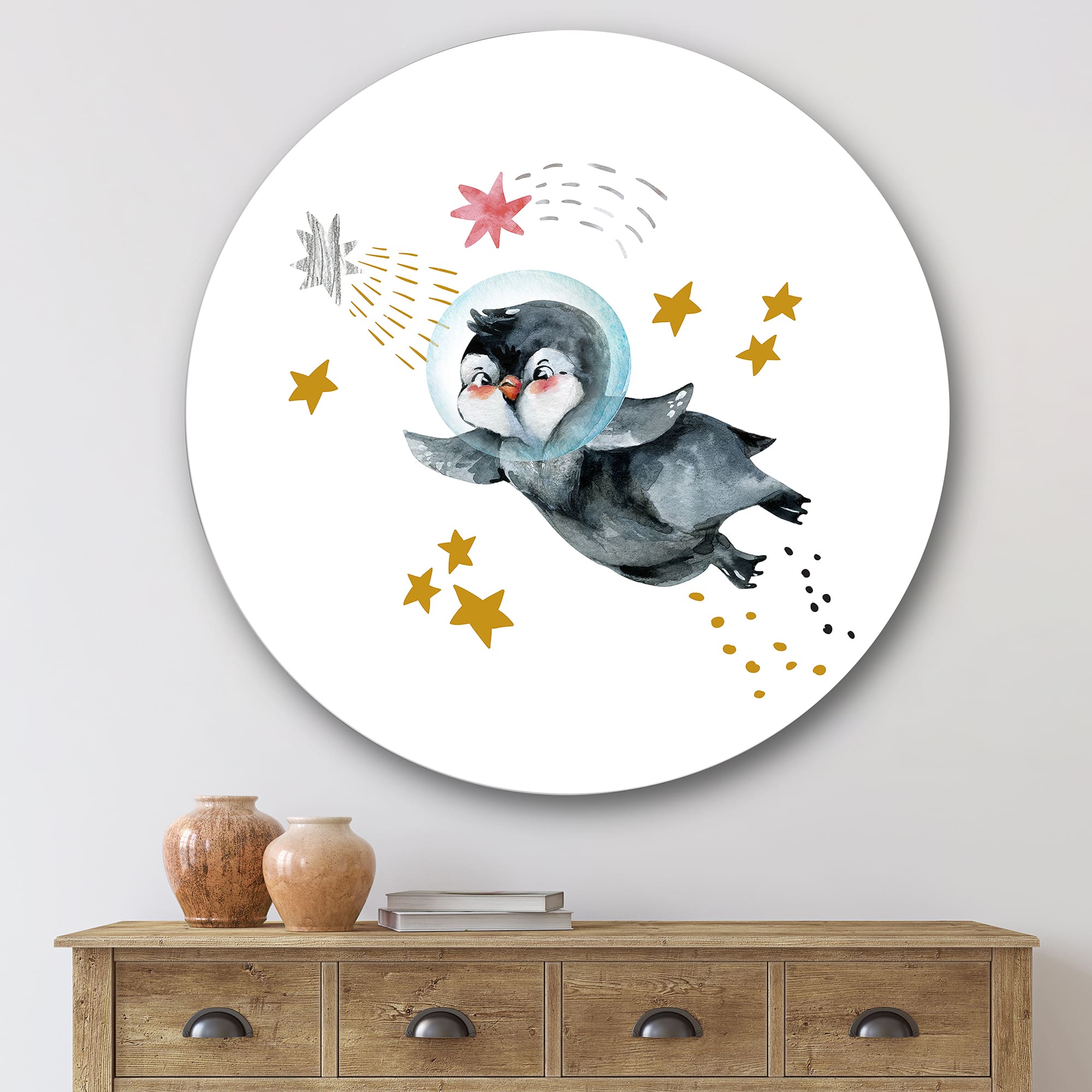 Designart - Little Penguin Flying Stars and Planets I - Farmhouse Metal Circle Wall Art