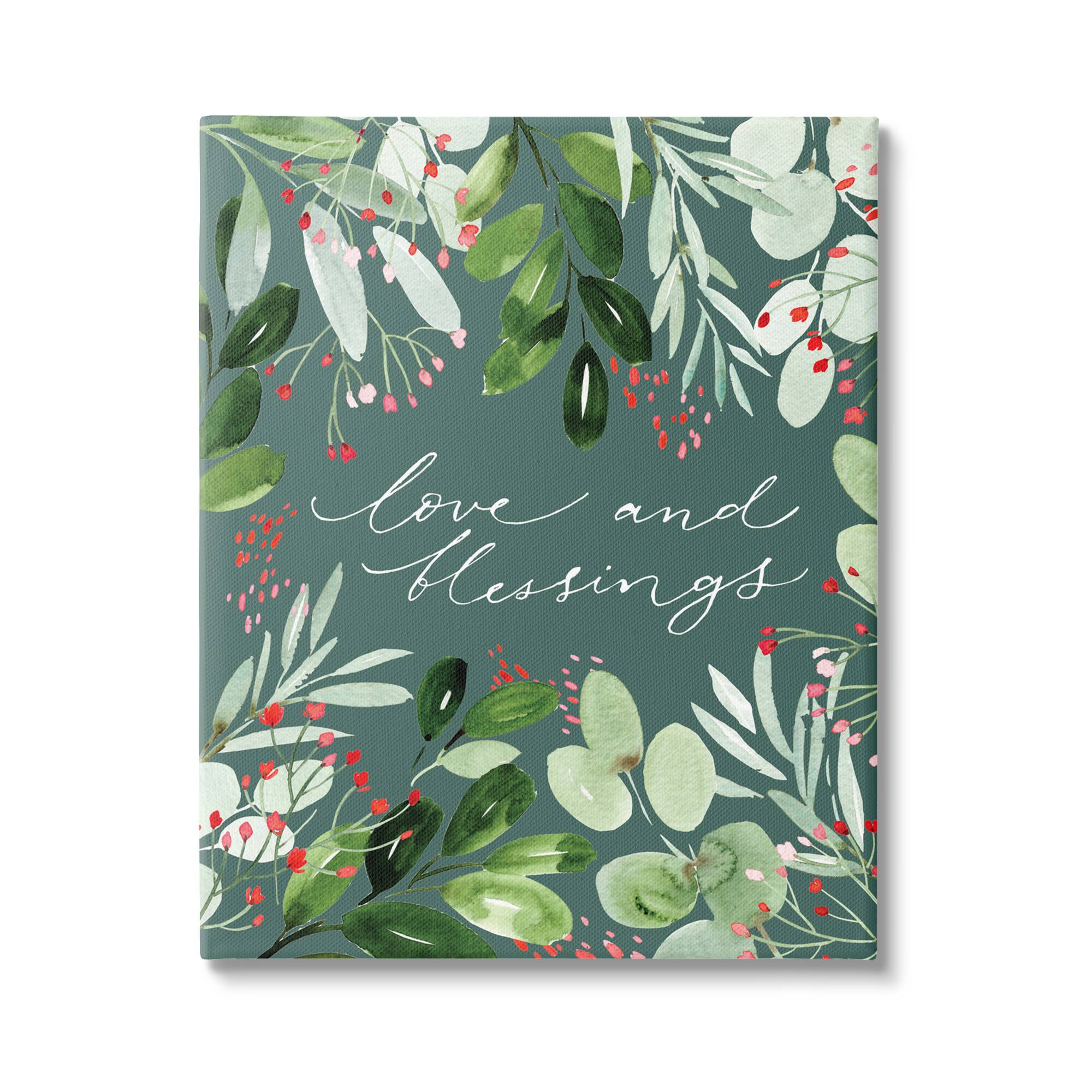 Stupell Industries Love & Blessings Green Floral Leaves Canvas Wall Art