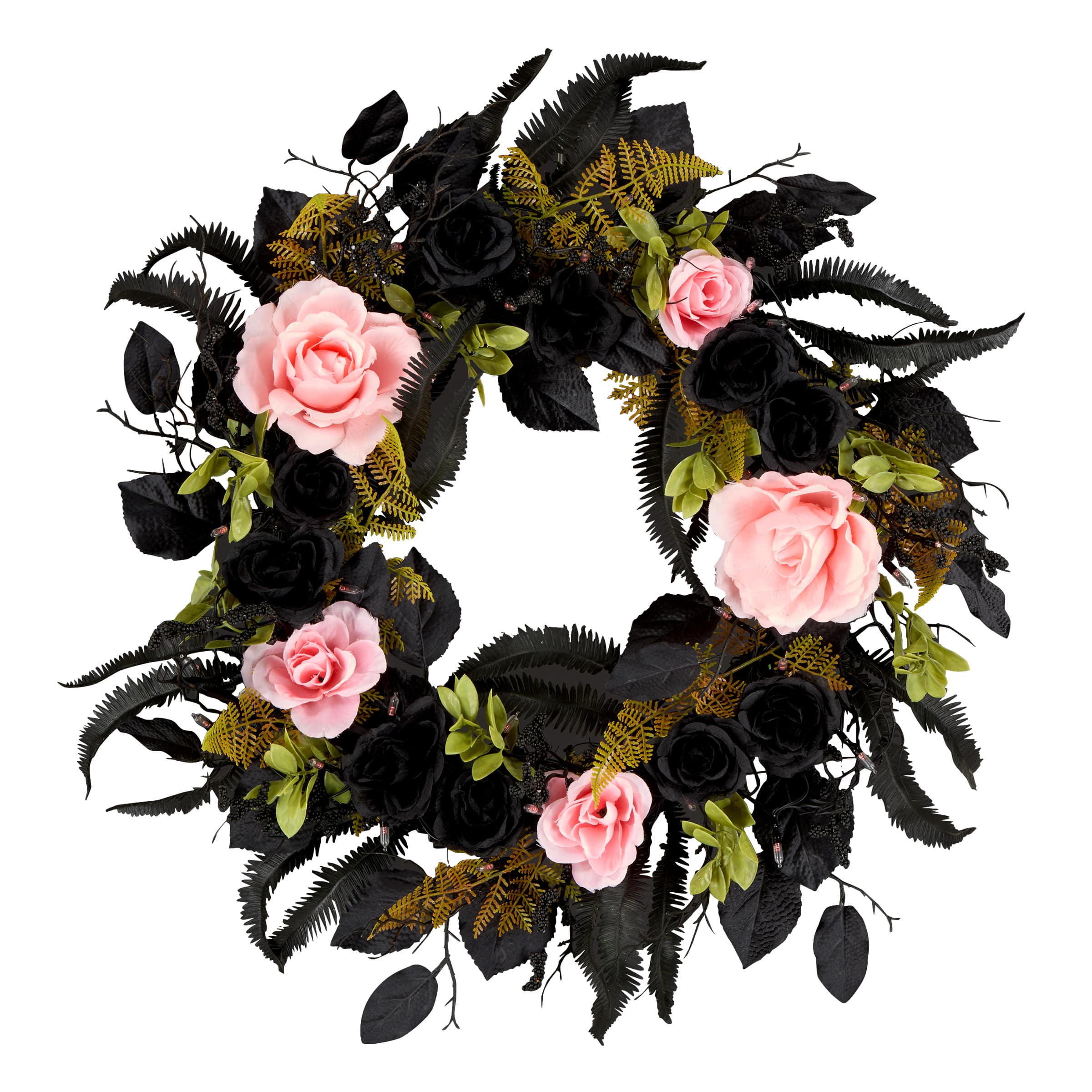 24&#x22; Cute &#x26; Creepy Black &#x26; Pink Flower Halloween Pre-Lit LED Wreath