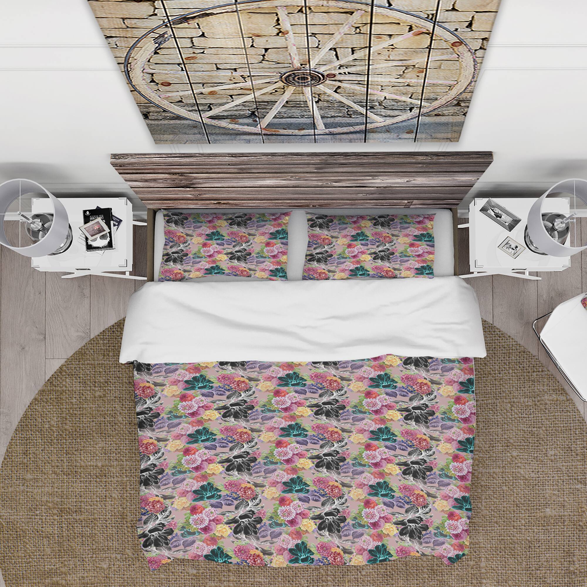 Designart &#x27;Black Chrysanthemum And Blooming Roses&#x27; Floral Bedding Set - Duvet Cover &#x26; Shams