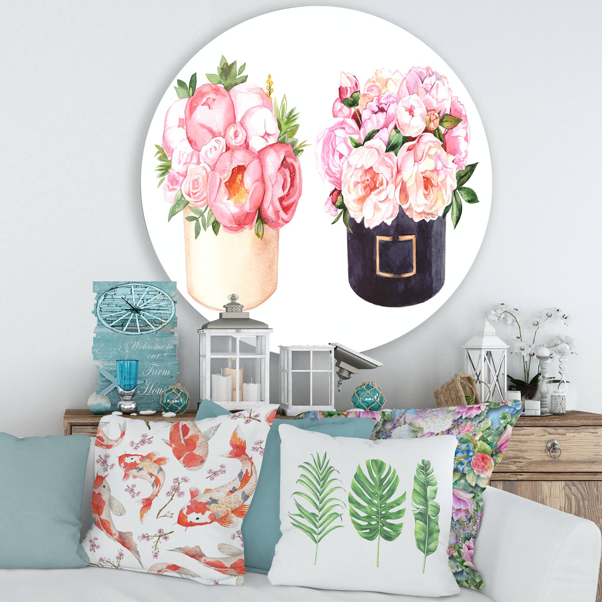 Designart - Flower Box With Peonies and Rose - Farmhouse Metal Circle Wall Art