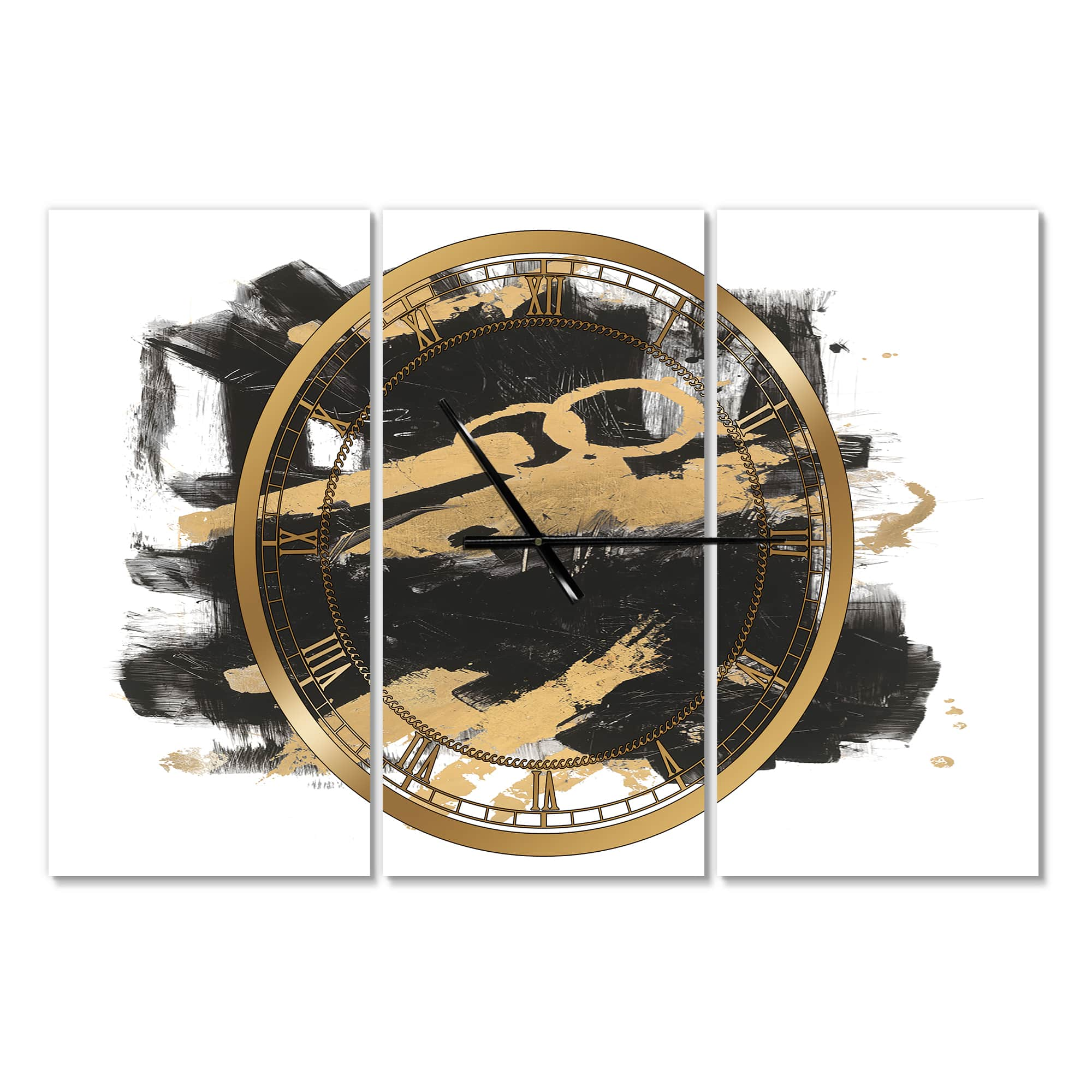 Designart 'Gold and Black Drift I' Glam 3 Panels Large Wall Clock - 36 in. Wide x 28 in. High - 3 Panels