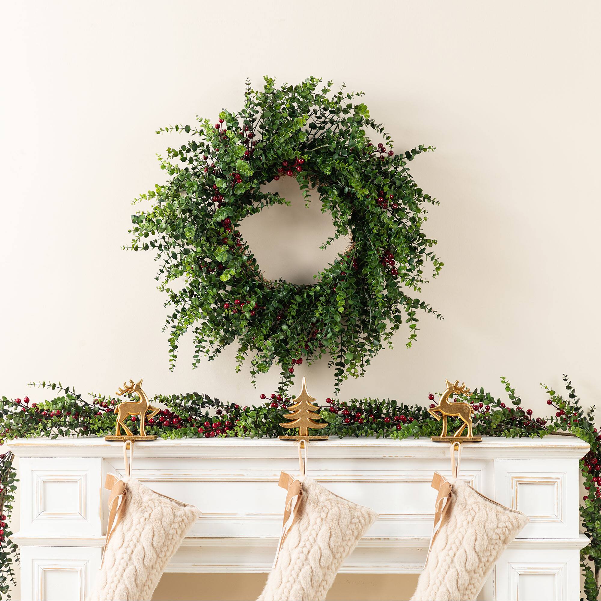 Glitzhome&#xAE; 28&#x22;D Christmas Greenery PE Eucalyptus Wreath with Red Berries