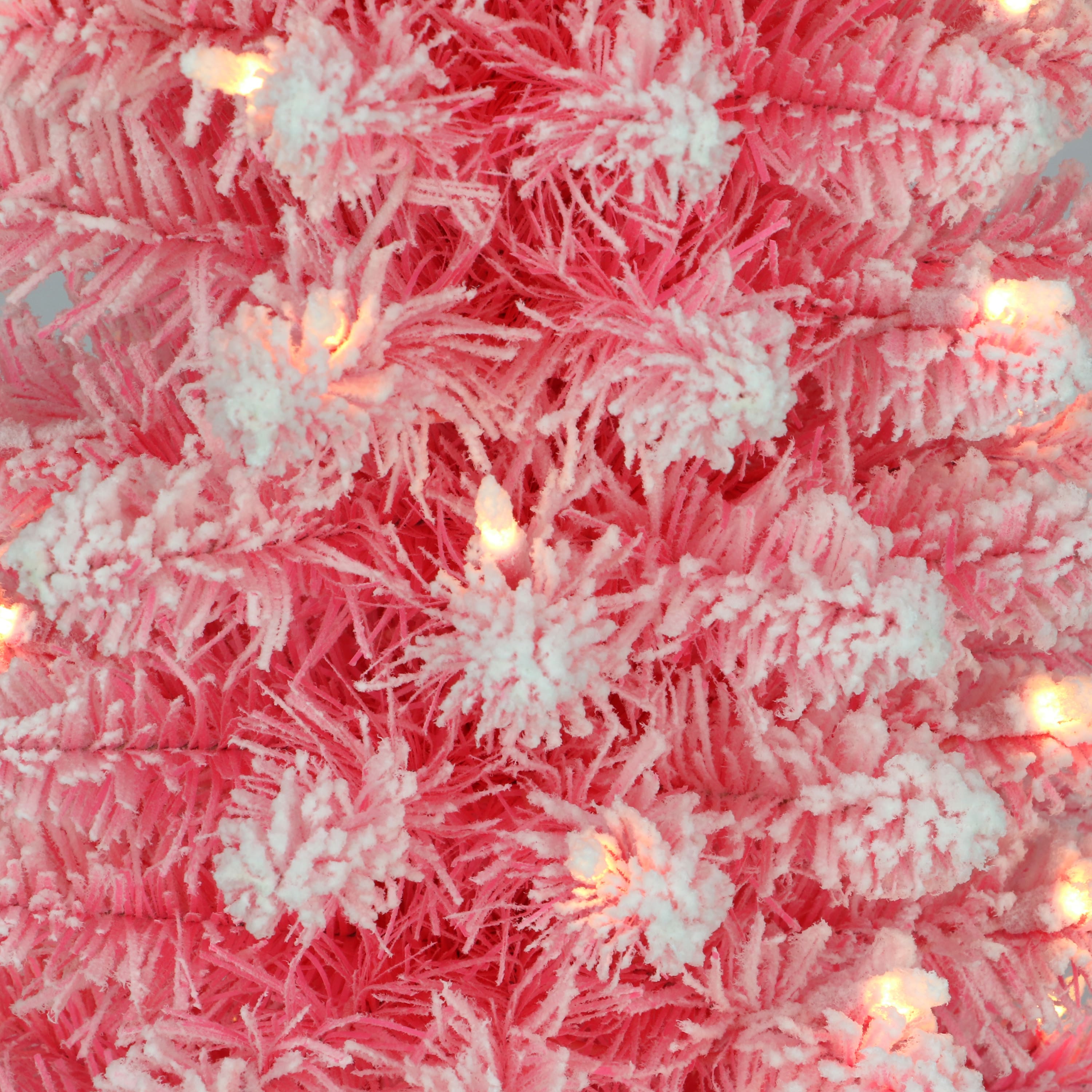 6 Pack: 4.5ft. Pre-Lit Flocked Fashion Pink Pencil Artificial Christmas Tree, Clear Lights