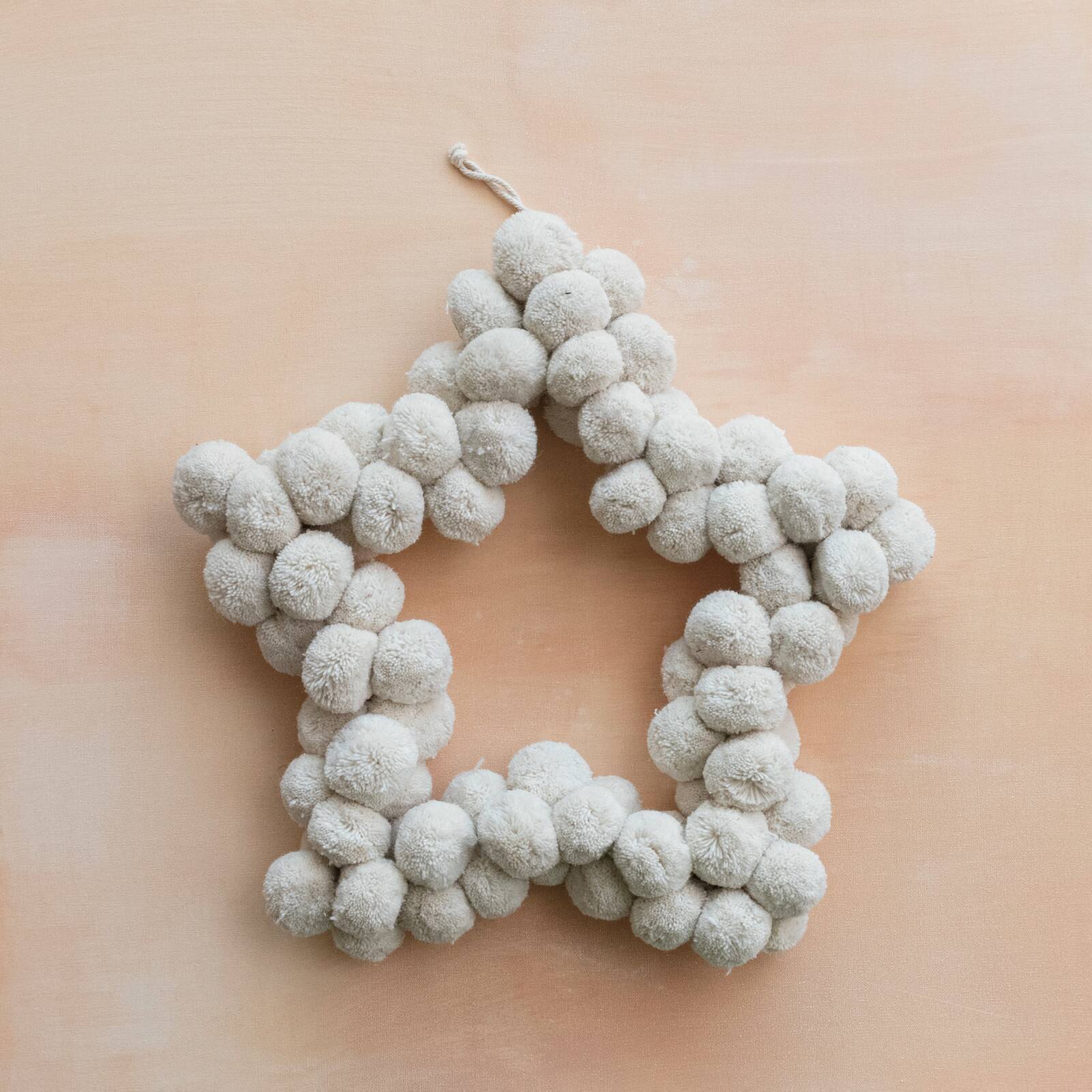 Hello Honey® 21" Natural White Handmade Metal & Wool Pom Pom Star Shaped Wreath