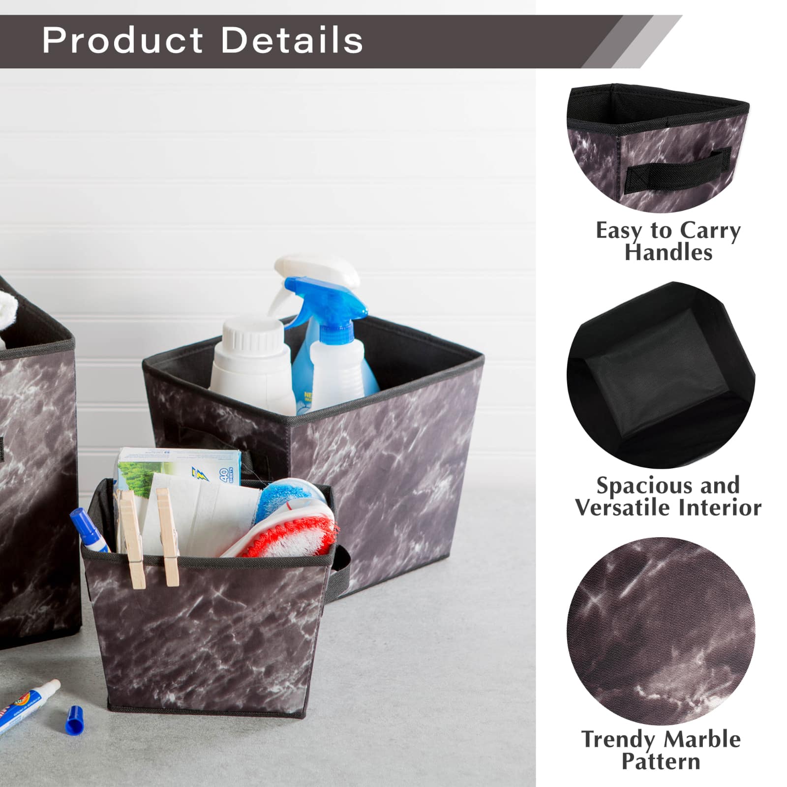 DII&#xAE; Black Marble Trapezoid Mixed Laundy Bin Set, 4ct.