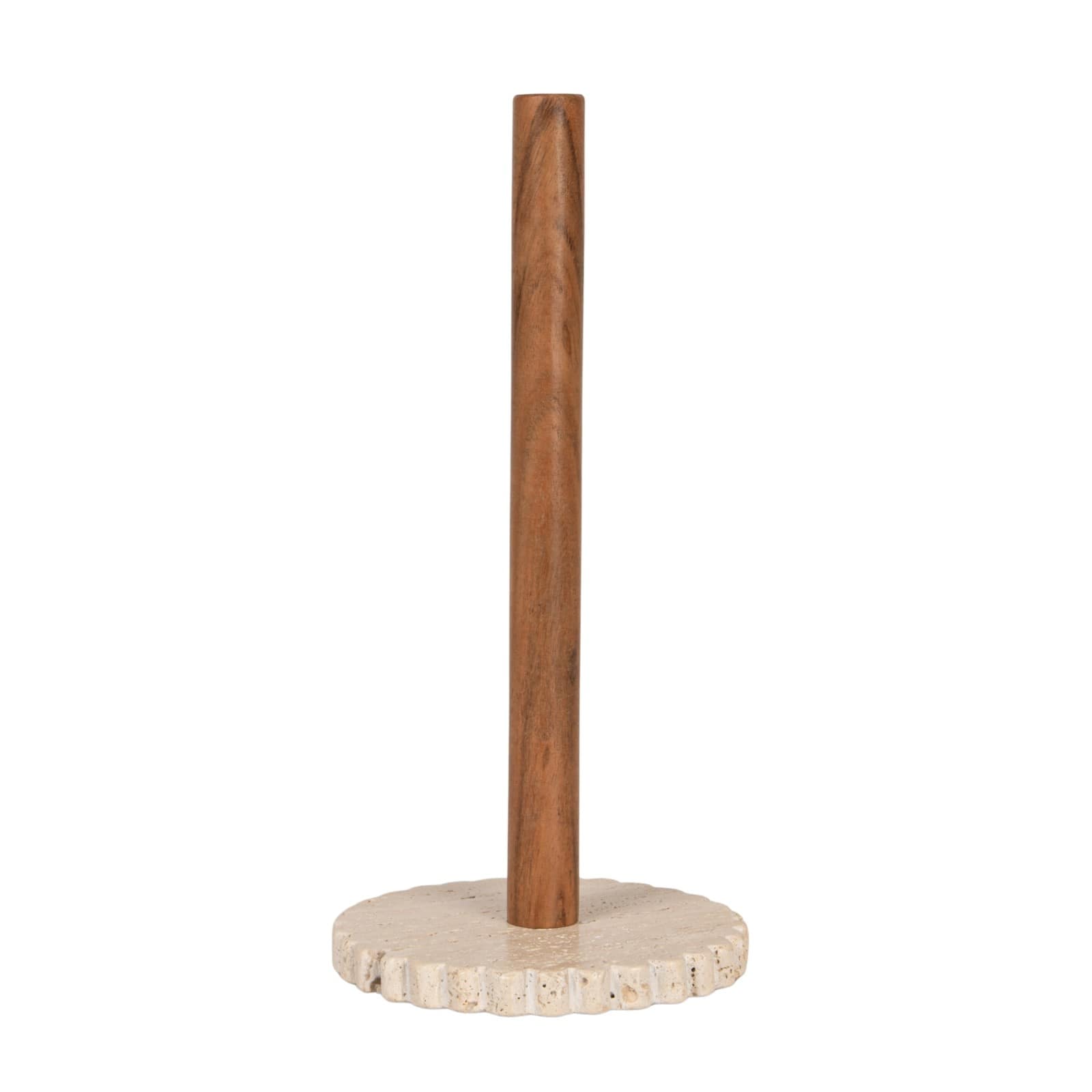 Hello Honey Acacia Wood Paper Towel Holder with Scalloped Travertine Base, Natural and Cream Color