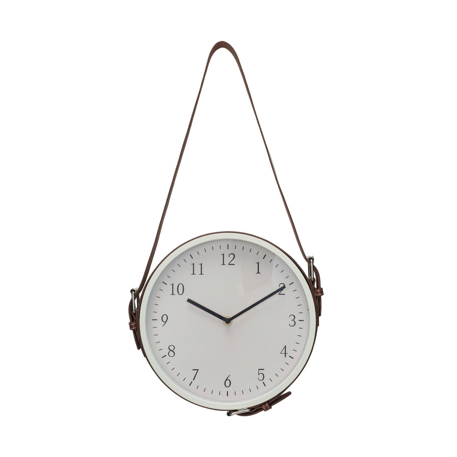 Hello Honey&#xAE; White &#x26; Brown Plastic Hanging Wall Clock with Leather Strap