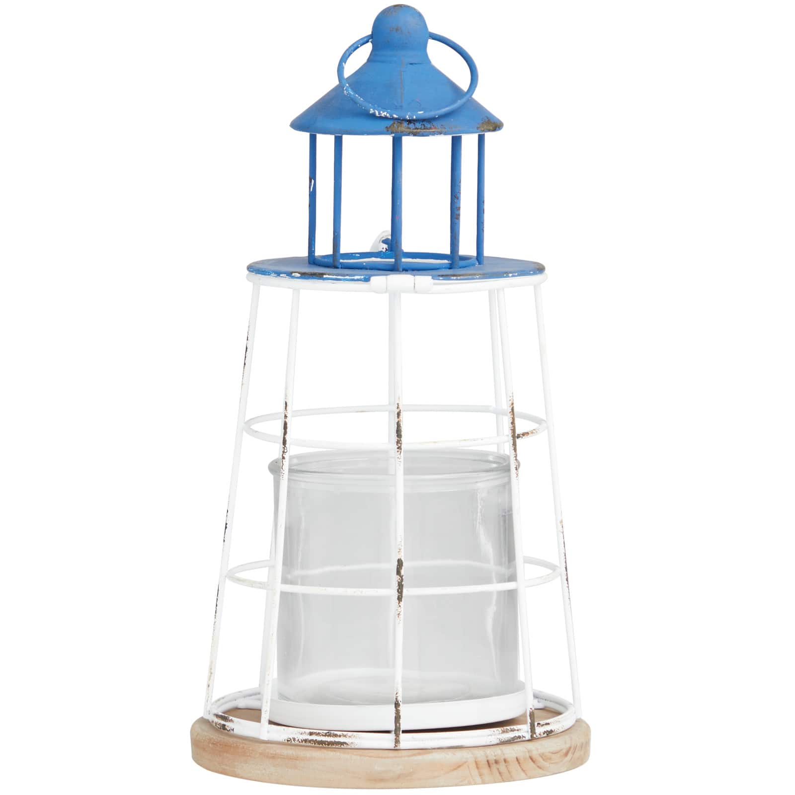 12&#x22; Blue Metal Distressed Decorative Light House Candle Lantern