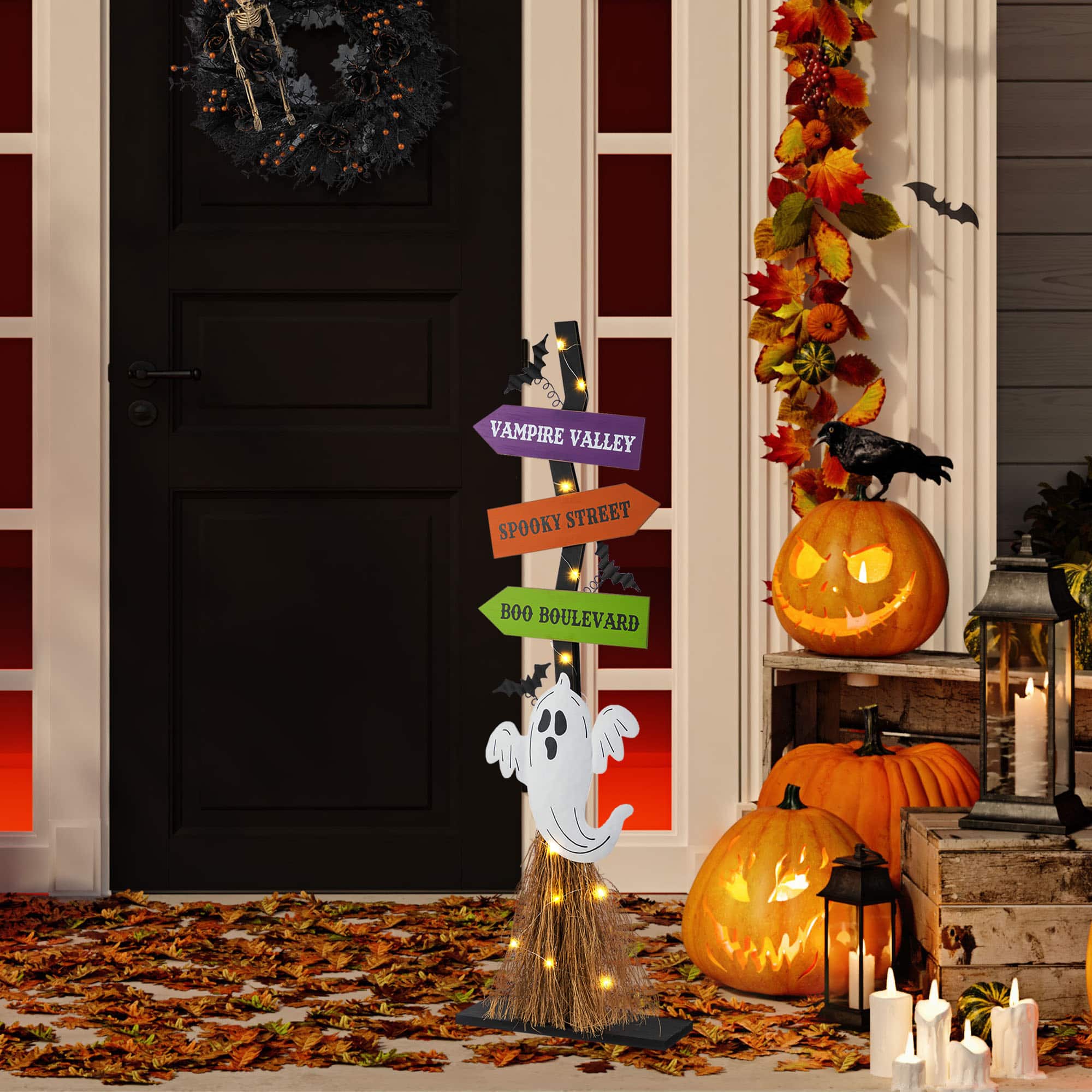Glitzhome&#xAE; 41.75&#x22;H Lighted Halloween Wooden Ghost&#x27;s Broom Porch Decor