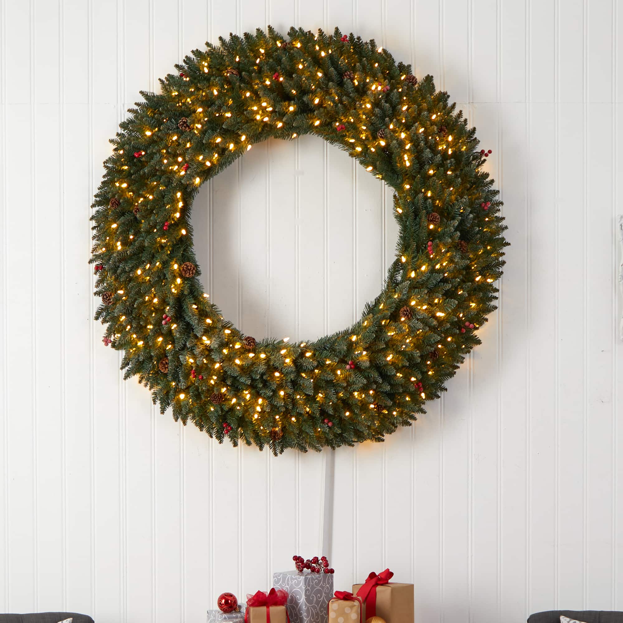 5ft. Clear LED Lights Flocked Artificial Christmas Wreath With Pinecones & Berries