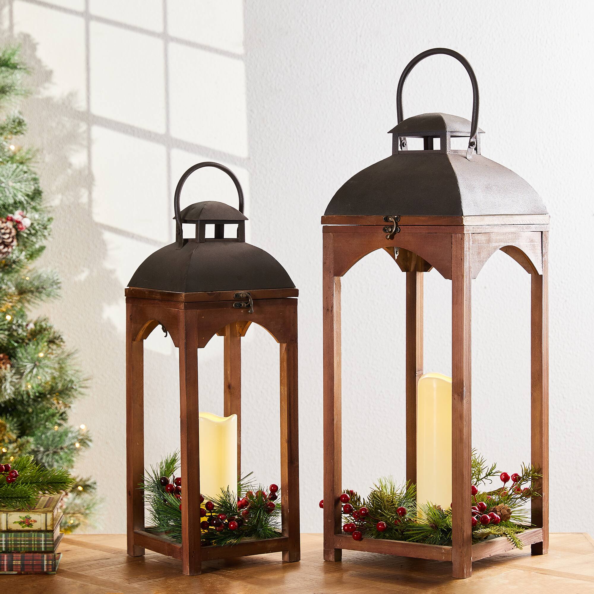 Farmhouse Brown Candle Lantern Set, 24.5" & 20"