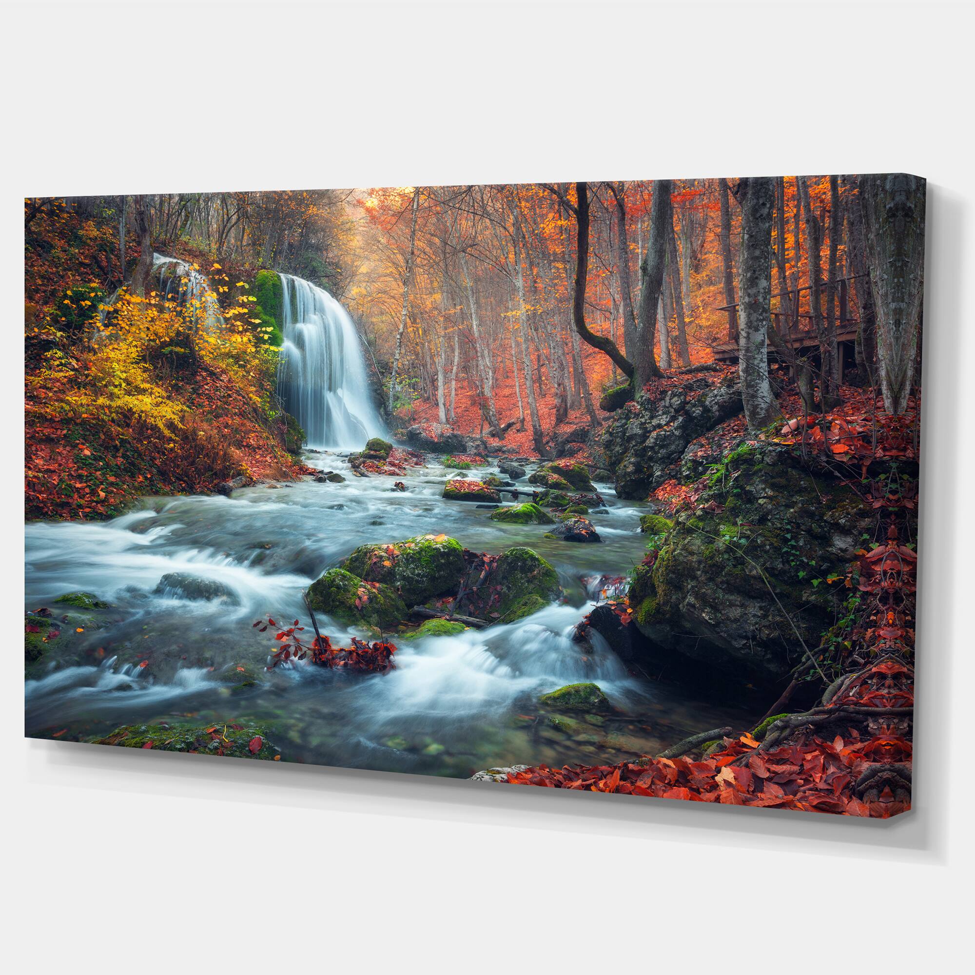Designart - Autumn Mountain Waterfall Long View - Landscape Photography Canvas Print