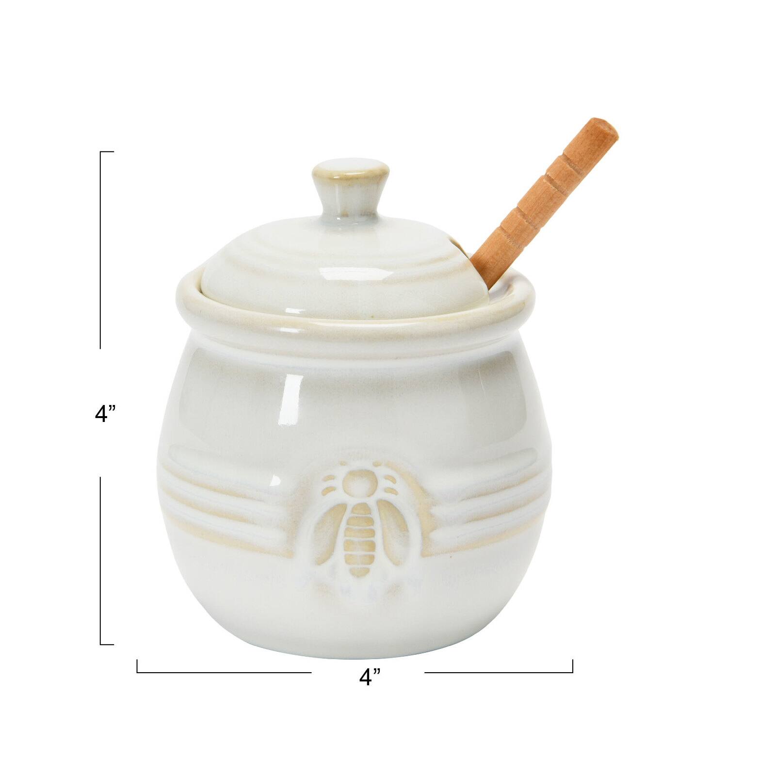 Hello Honey&#xAE; 3.5&#x22; White Ceramic Honey Bee Pot &#x26; Wood Dipper