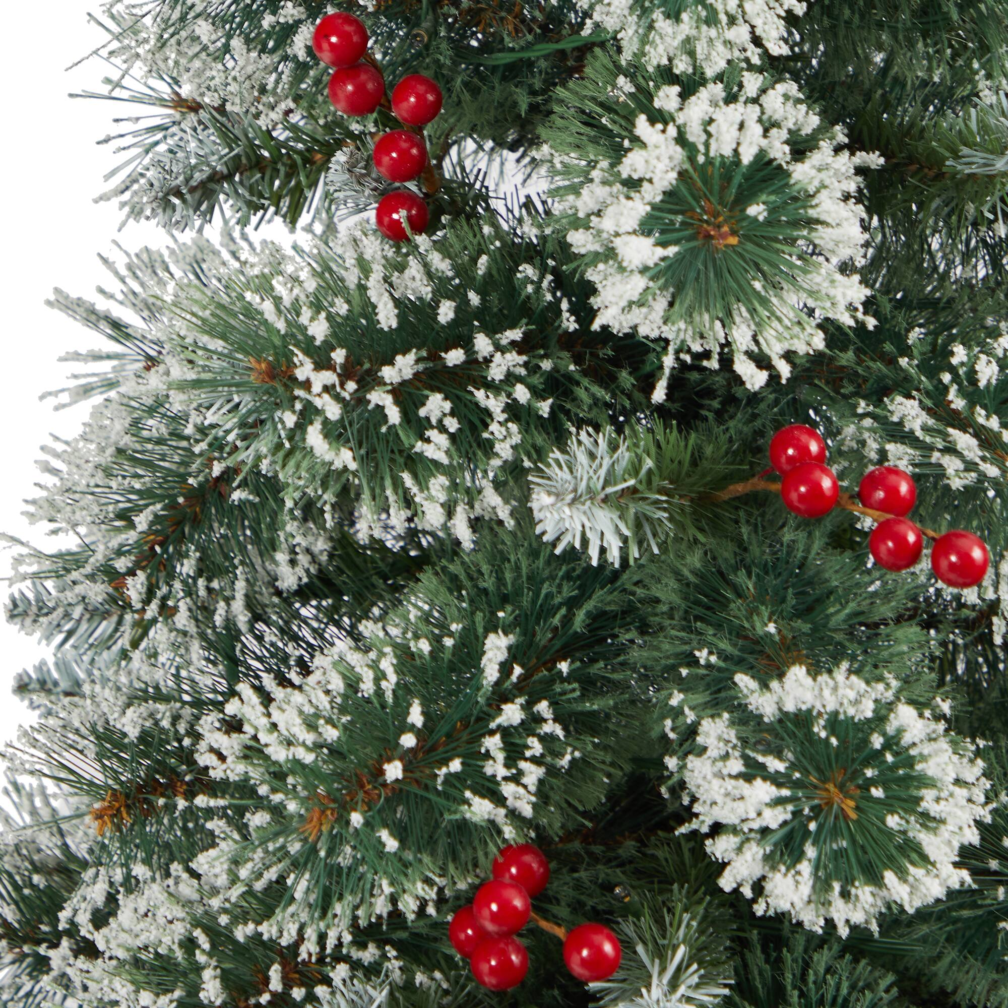 4ft. Pre-Lit Potted Frosted Swiss Pine Artificial Christmas Tree with Berries, Clear LED Lights