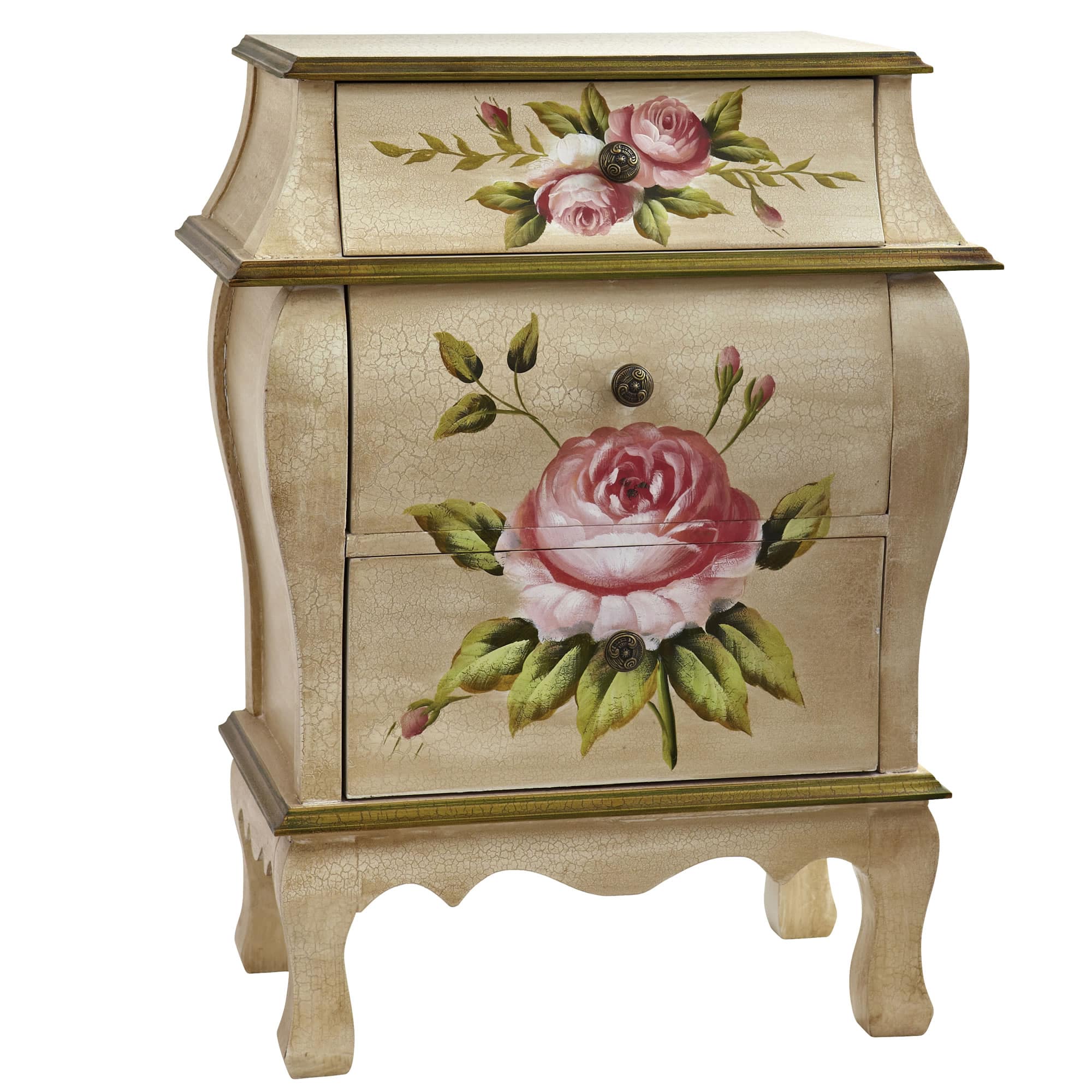 3-Drawer Antique Night Stand with Floral Art