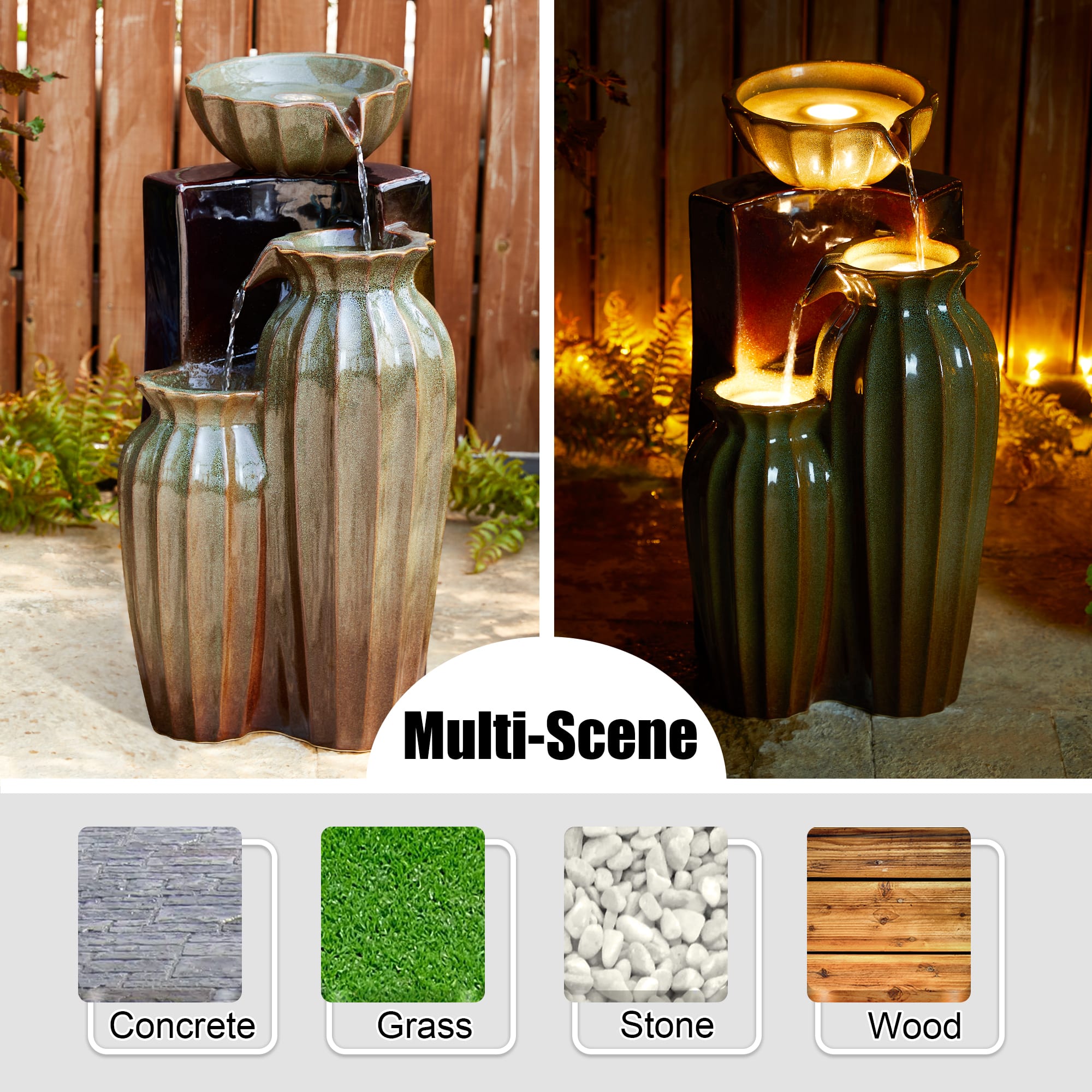 Glitzhome® 26.75" 3-Tier LED Fluted Textured Ceramic Outdoor Floor Fountain