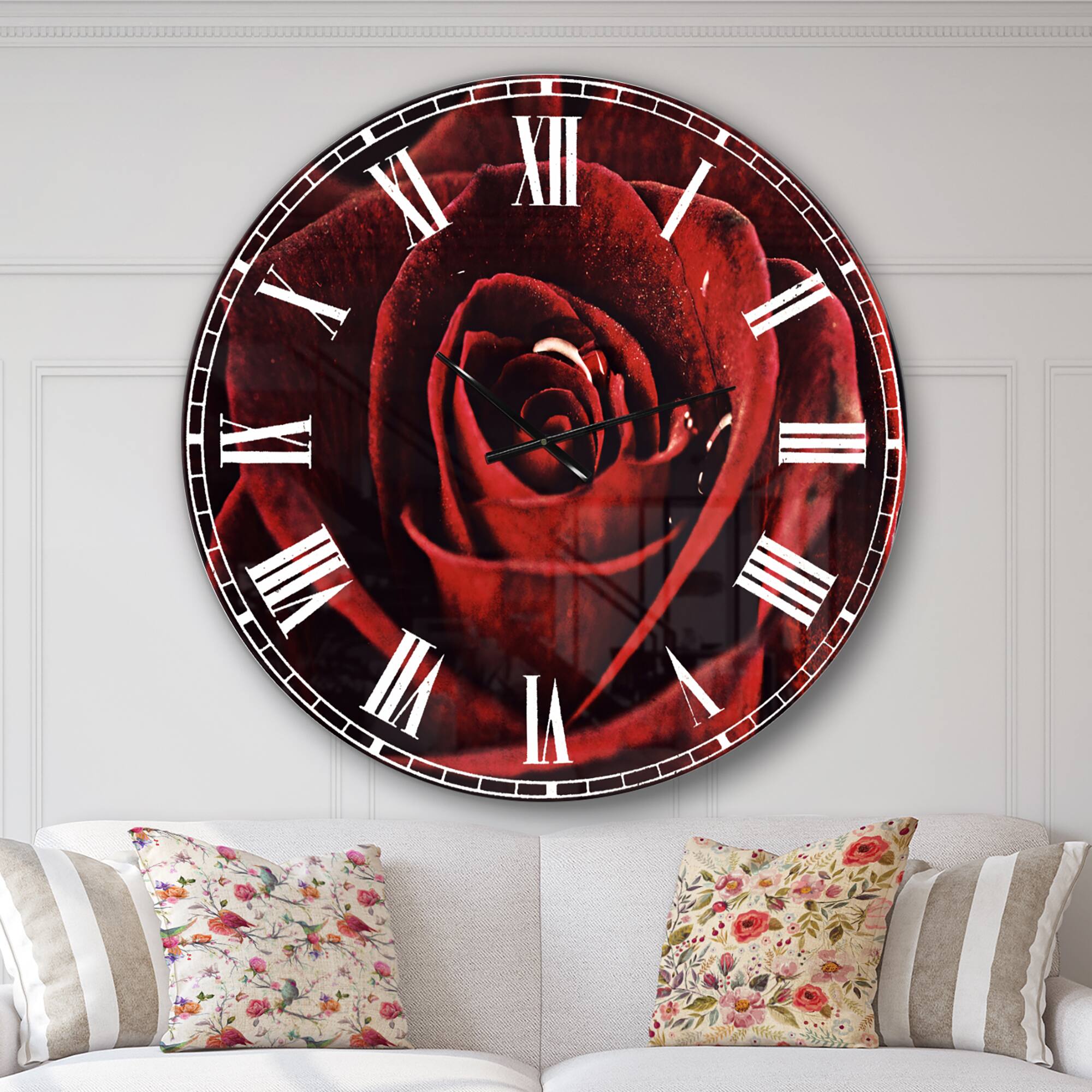 Designart &#x27;Red Rose With Raindrops On Black Traditional Wall Clock