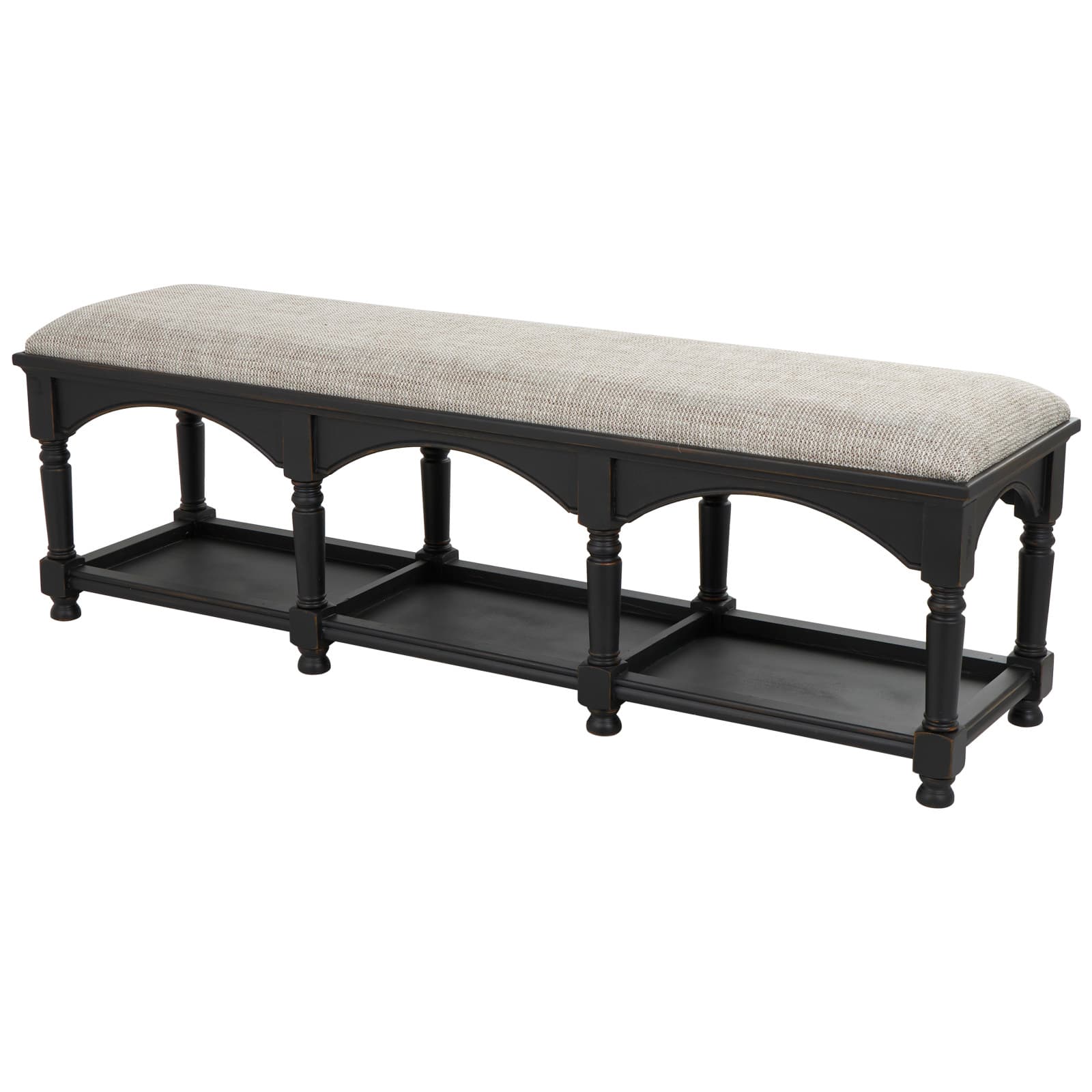 59" Black & Beige Fabric Arched Storage Bench with Traditional Turned Legs
