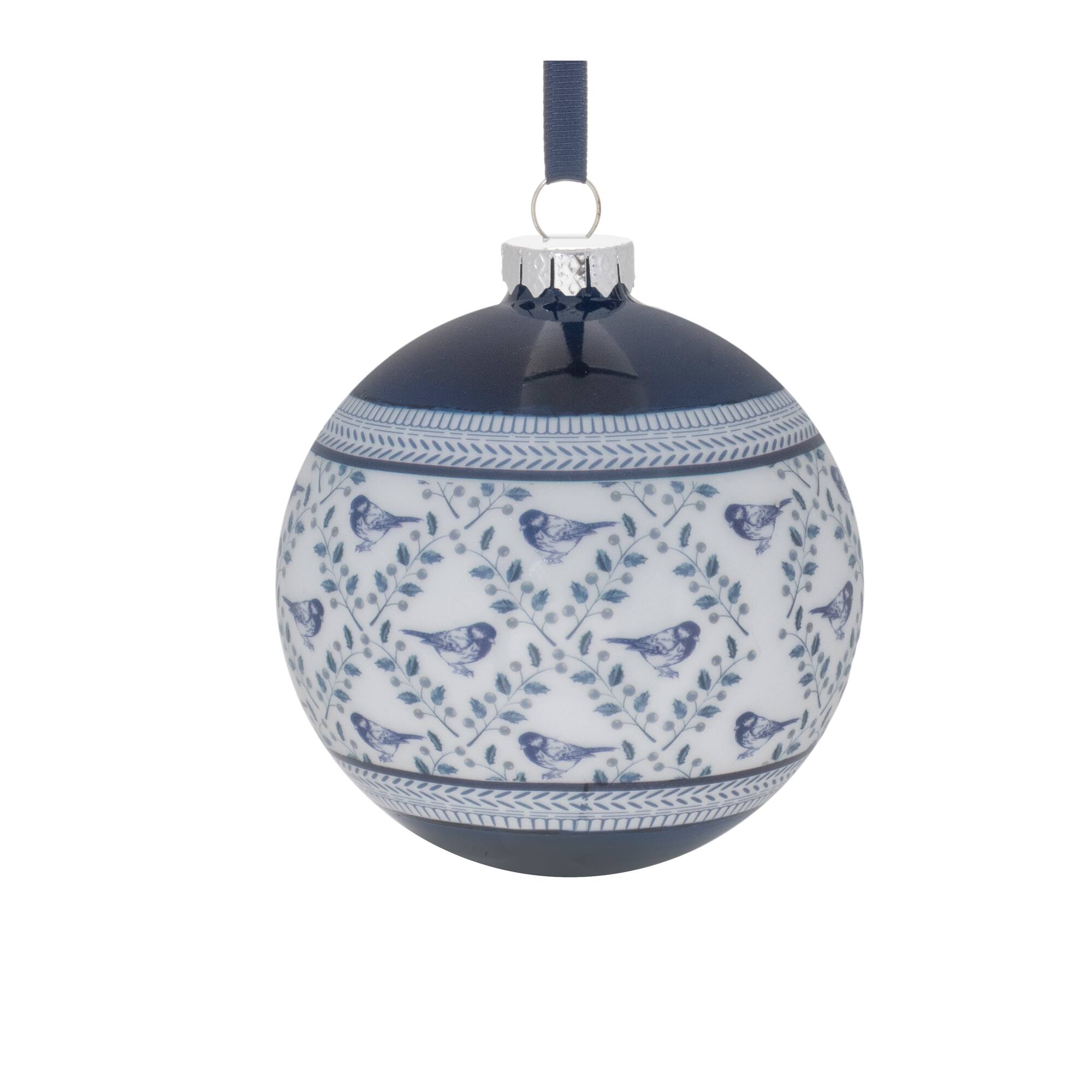 White & Blue Glass Bird & Floral Print Christmas Ornaments Set
