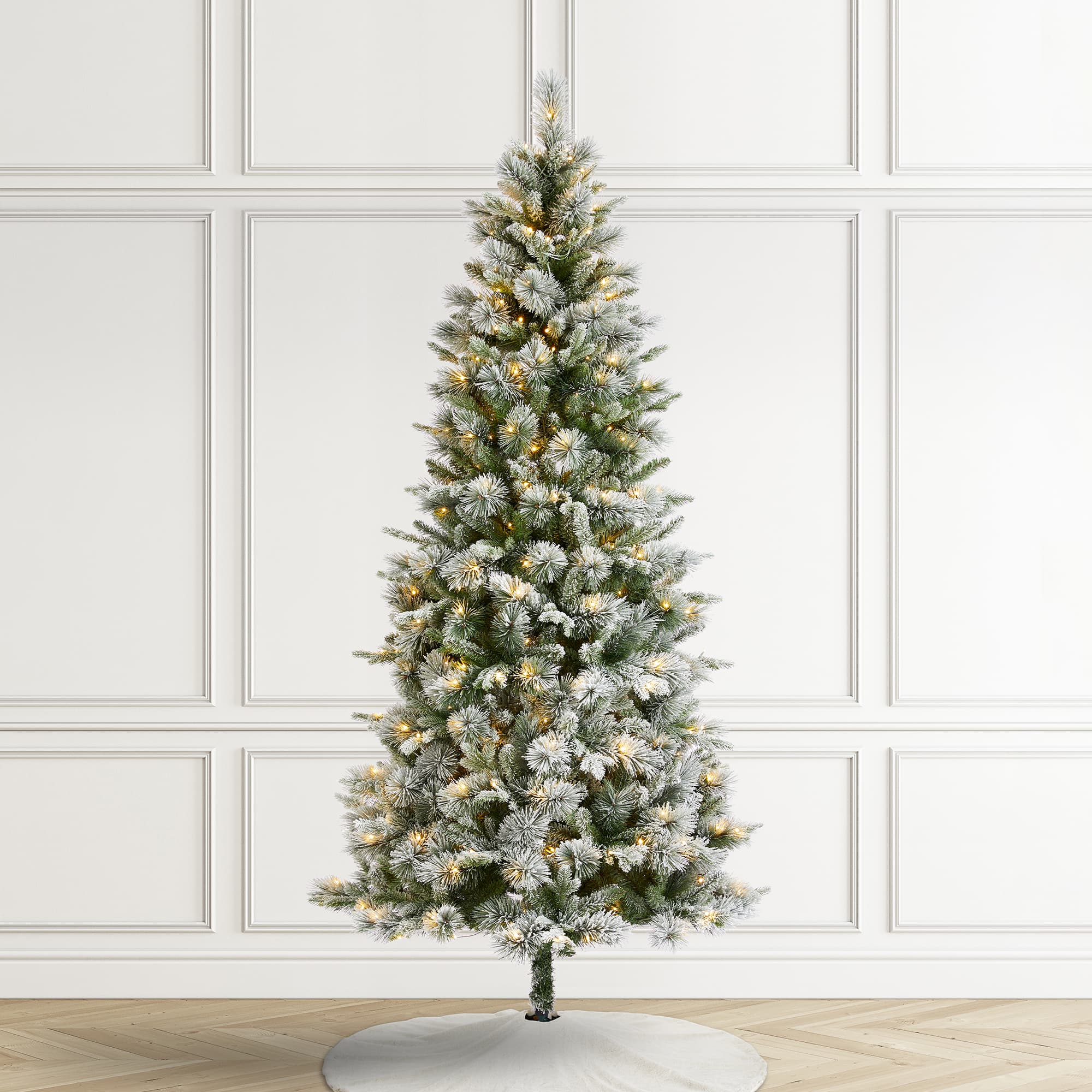 Glitzhome® 7.5ft Pre-Lit Flocked Slim Pine Artificial Christmas Tree, Warm White LED Lights