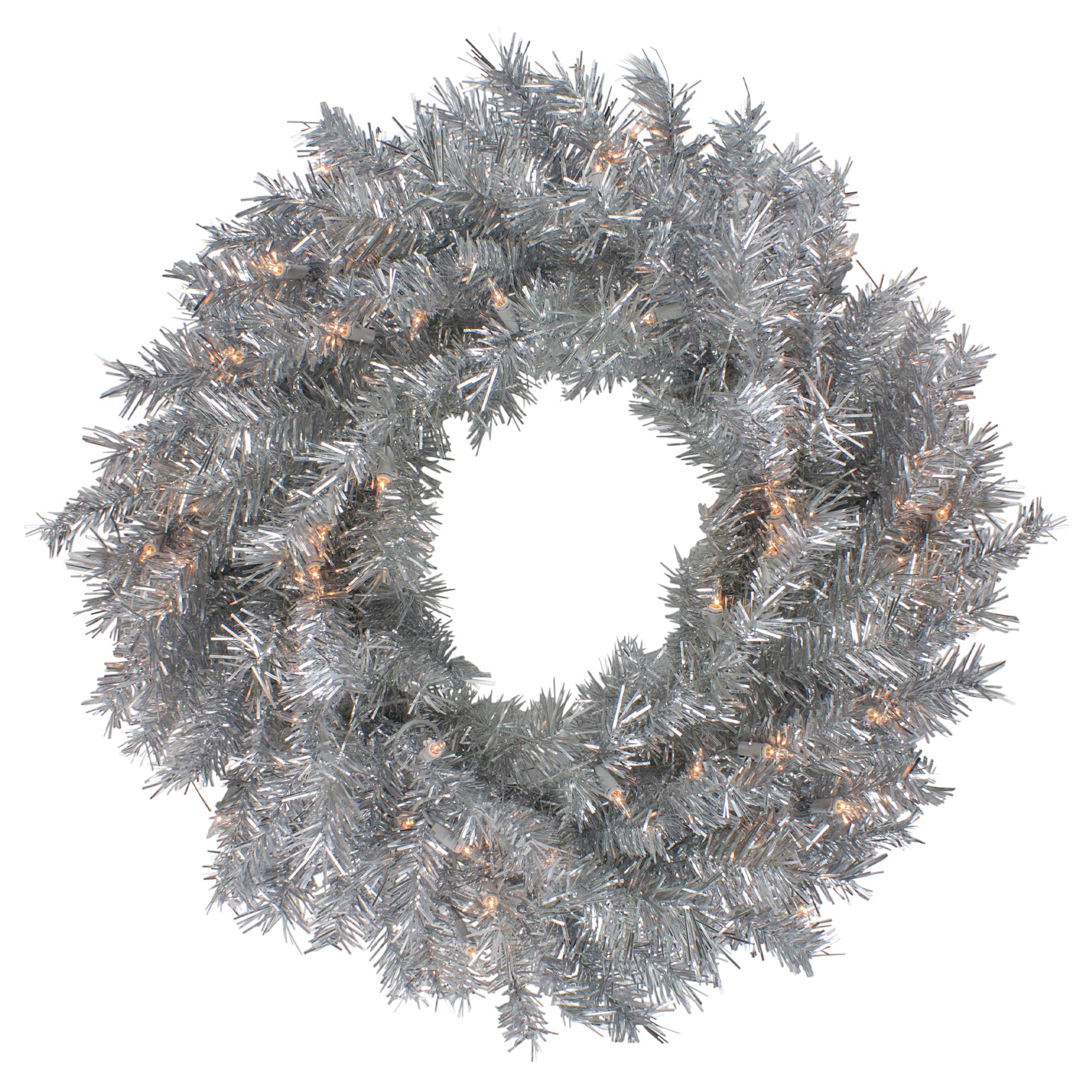 24&#x22; Pre-Lit Silver Tinsel Artificial Christmas Wreath