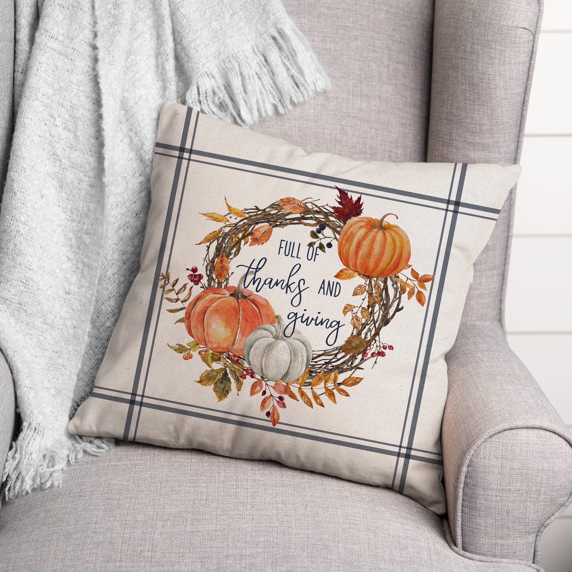 Thanks And Giving Fall Wreath Throw Pillow