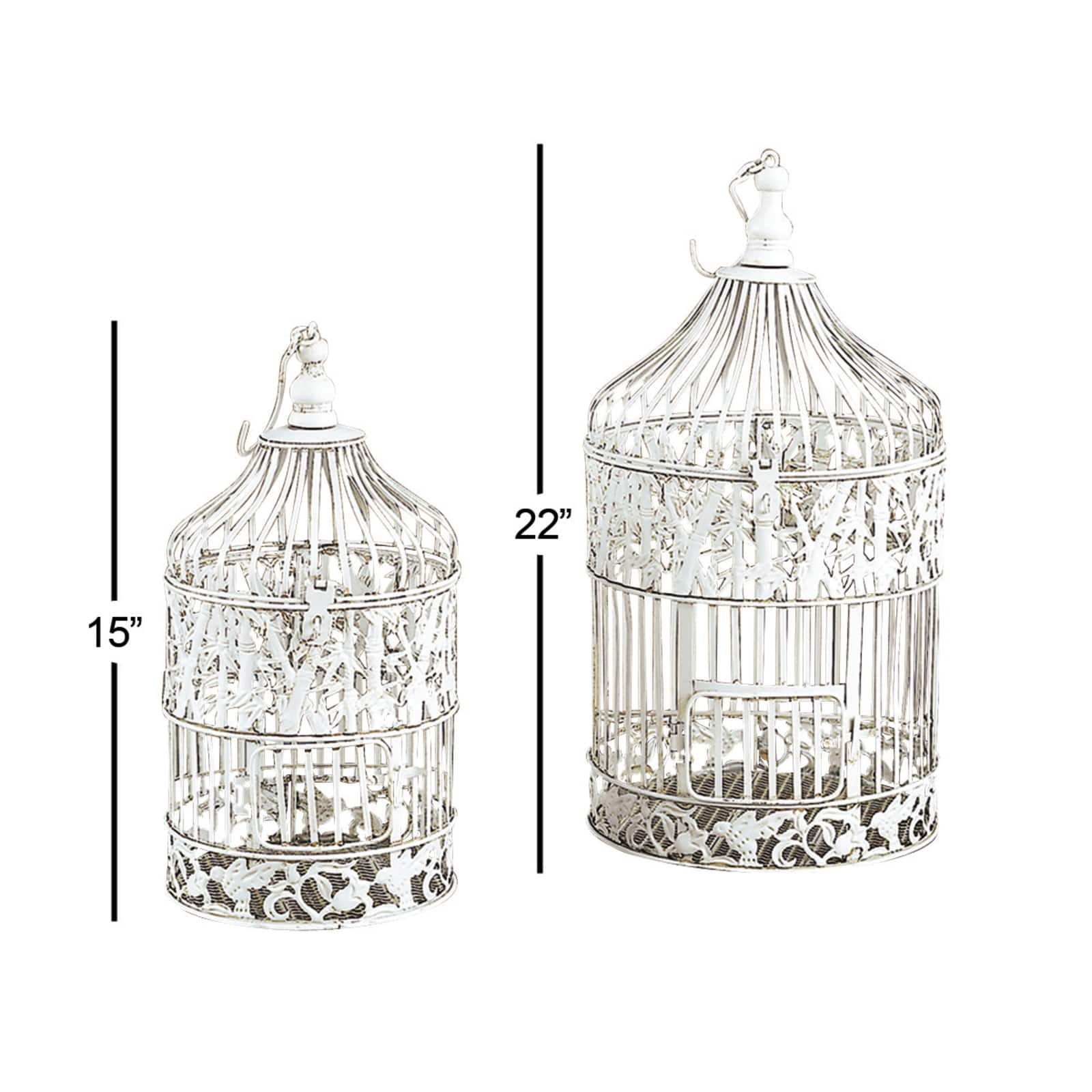 Vintage Distressed White Metal Floral Bird Cage Set