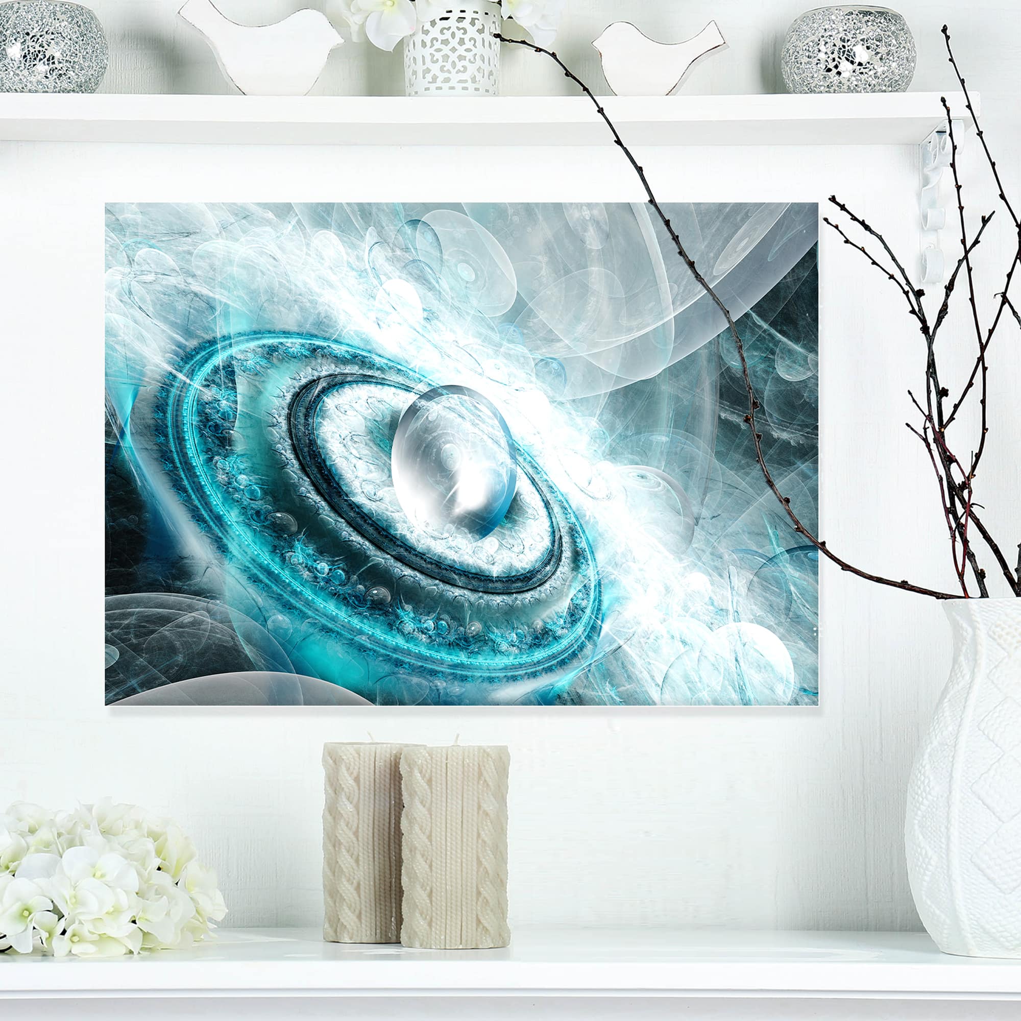Designart - Blue Fractal Flying Saucer - Floral Canvas Art Print