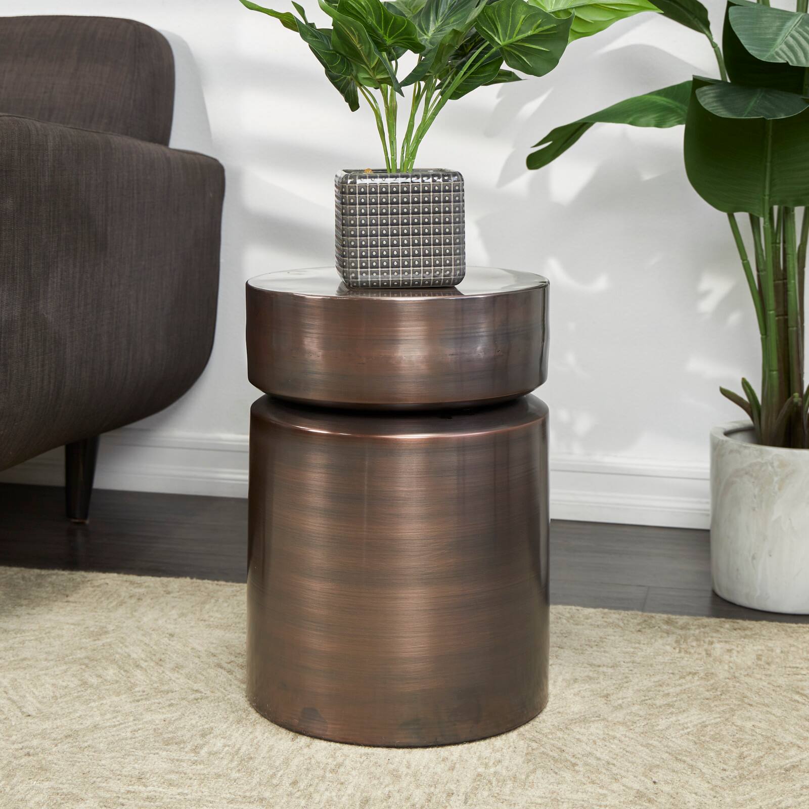 19&#x22; Copper Metal Drum Accent Table