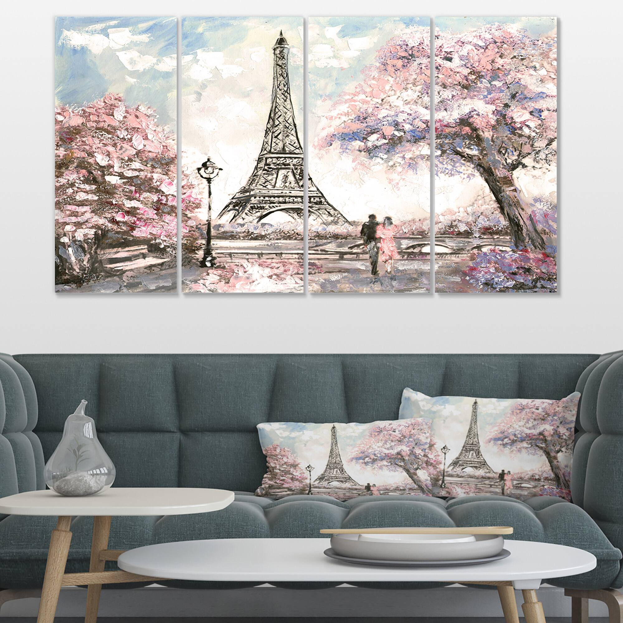 Designart - Eiffel with Pink Flowers - Landscape Canvas Art Print