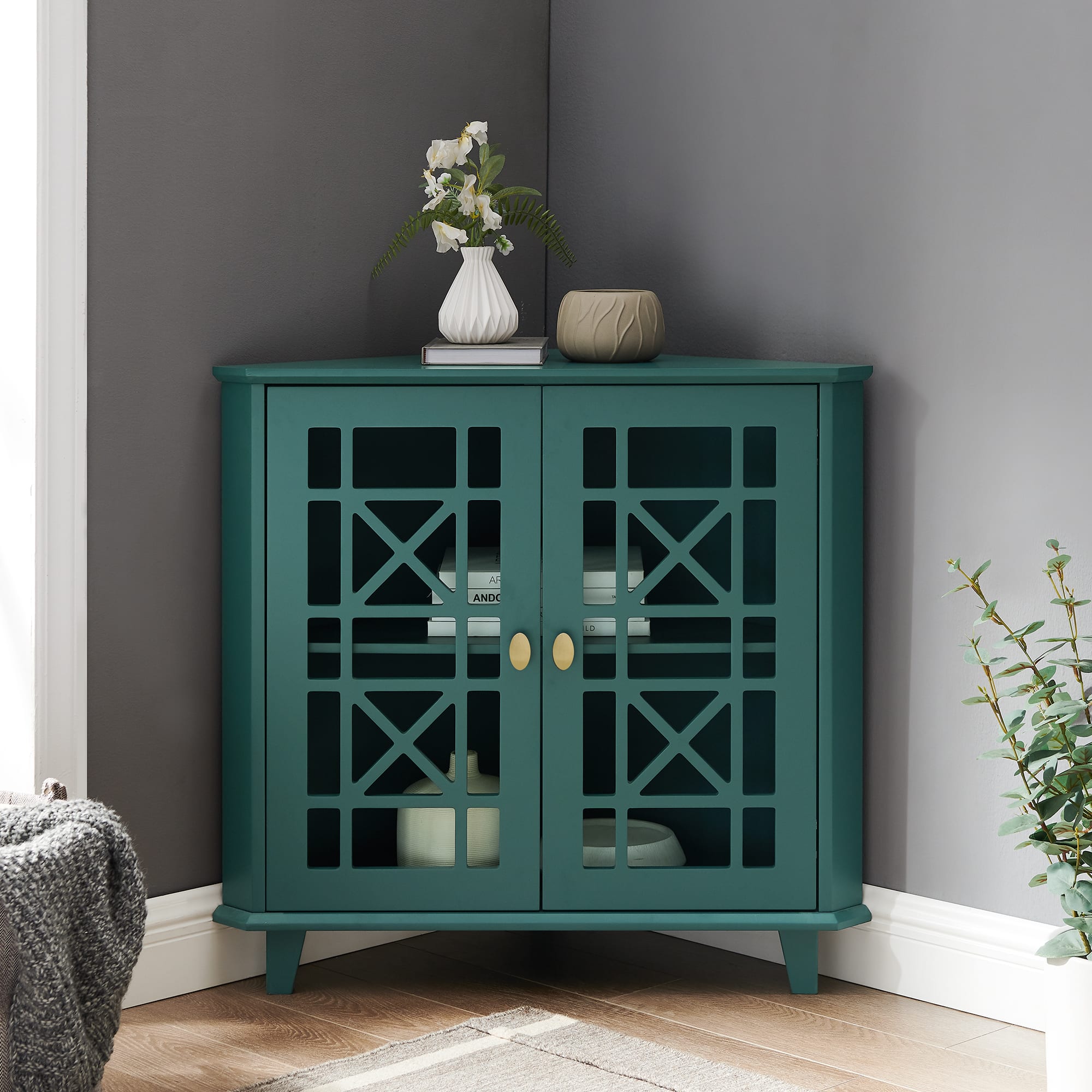 Walker Edison 30" Dark Teal Fretwork Corner Accent Cabinet