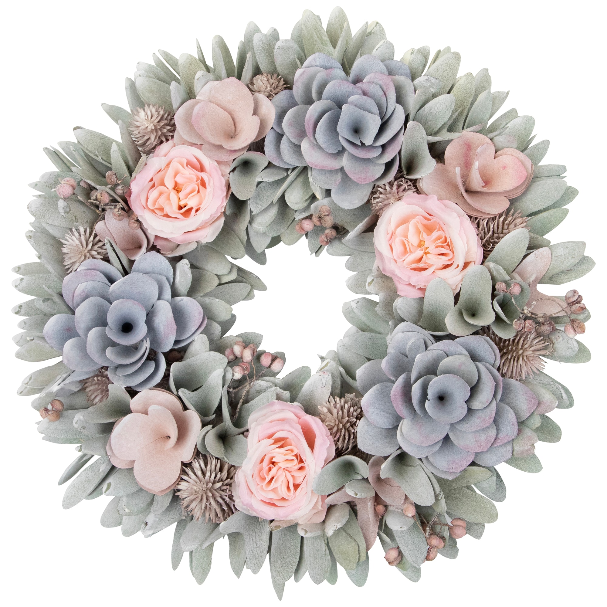 14" Roses & Thistle Artificial Spring Wooden Floral Wreath