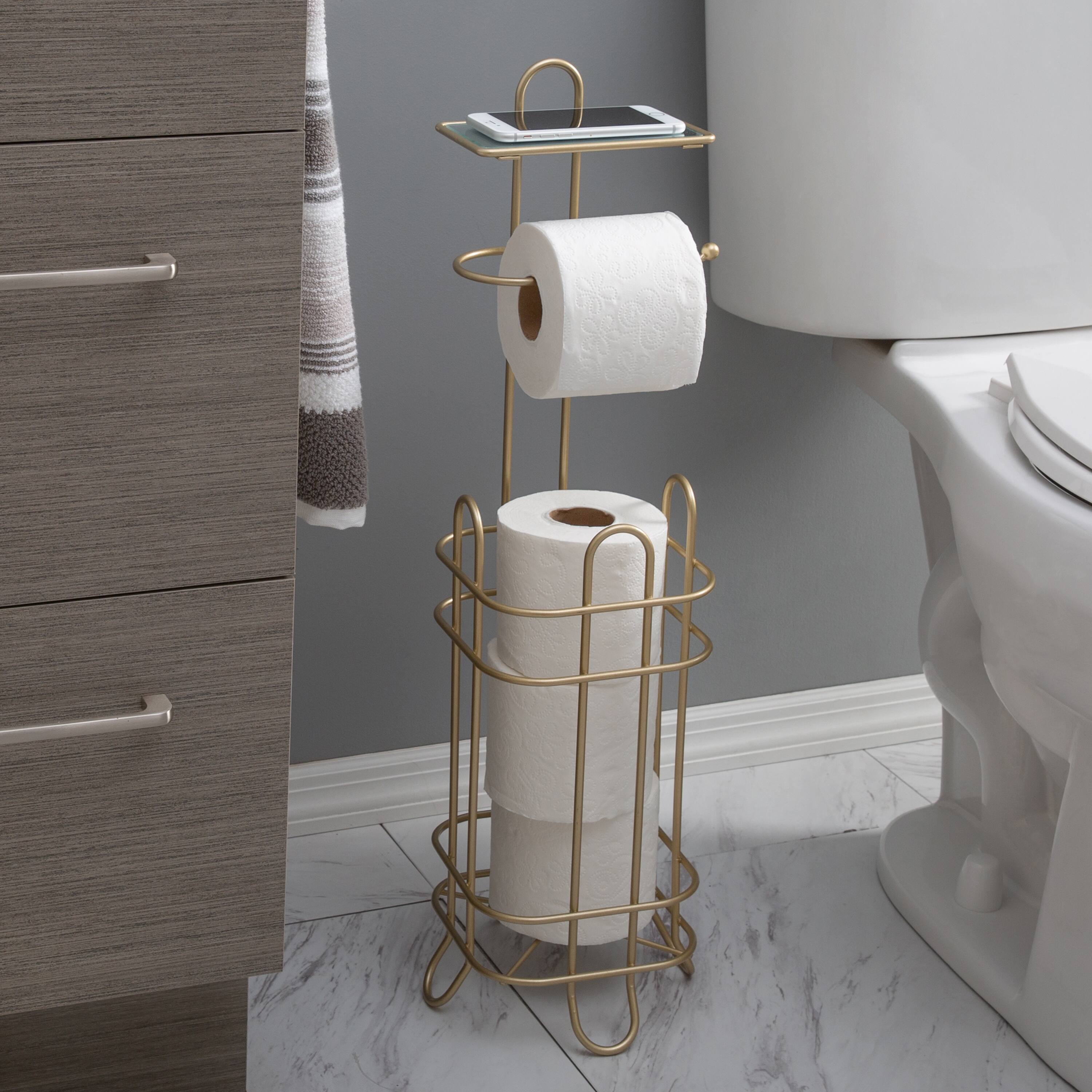 Elle D&#xE9;cor Limoges Collection Satin Gold Toilet Paper Reserve &#x26; Dispenser with Phone Shelf