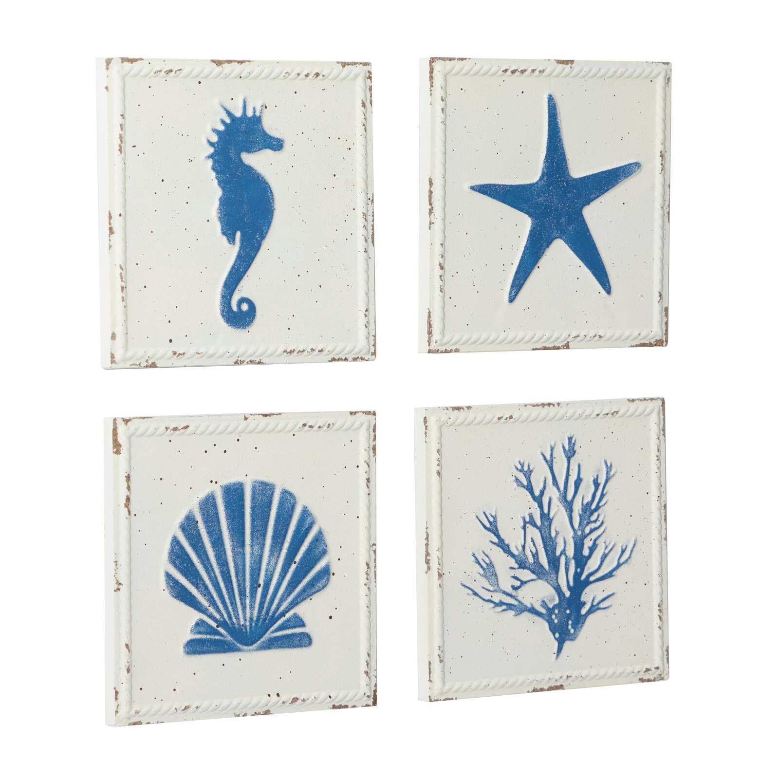 Set of 4 White Metal Coastal Wall Decor, 12&#x22; x 12&#x22;